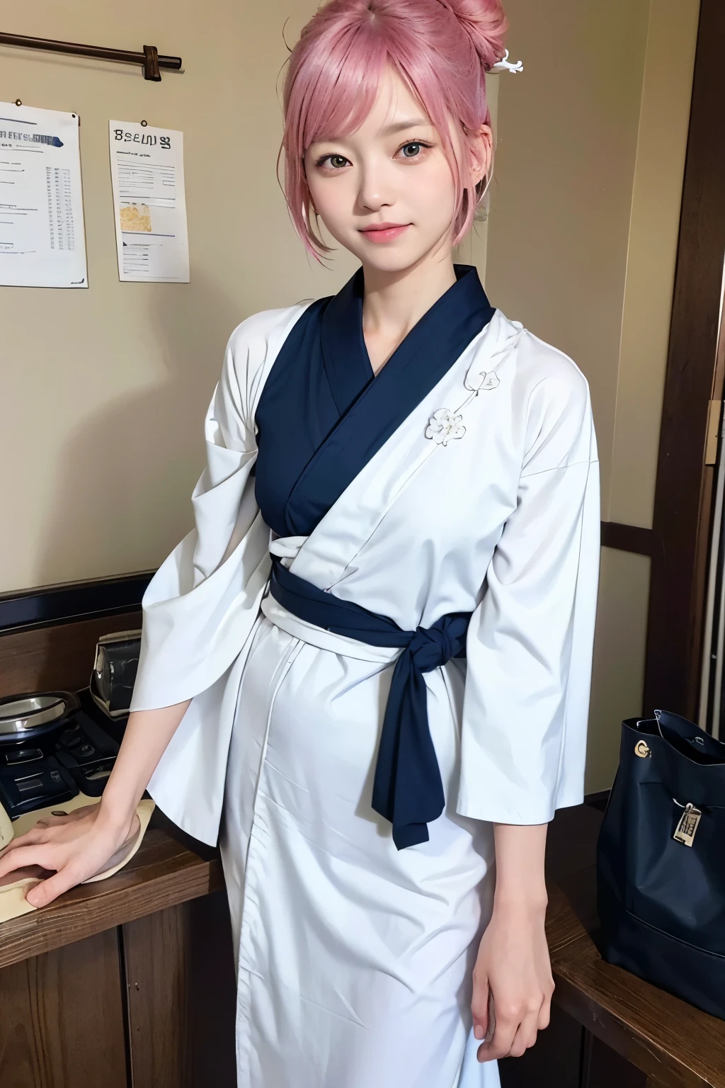 (8K, highest quality, masterpiece:1,2), (realistic, Photoreal:1.37), Super detailed, one girl,), (very detailed), (beautiful detailed eyes), (highest qualityの), (Super detailed ), (masterpiece), (detailed face),20-year-old, ,1 girl, ((pink hair,very short hair)), medium breasts, dressed, perfect lighting, break (navy blue haori:1.3), (white collar:1.2), (three quarter sleeves:1.2), (white kimono:1.4), (nature motif pattern:1.2), (navy blue hakama:1.3), (Ankle length:1.2), (The hem is not too wide:1.2), (white obi:1.4), (simple knot:1.2), (white foot bag:1.2), (Black geta:1.2), (low height:1.2), (Easy to walk:1.2), (bun hair:1.2), (hair ornaments:1.2), (Flowers and strips of paper:1.2), break bun hair, Flowers and strips of paper hair ornaments, smile, friendly, looking at camera, hold soba with right hand, Holding chopsticks with left hand, Do not put sauce on soba, In front of the soba shop counter, Wall with menu and photos, Natural light, soft shadow on the face