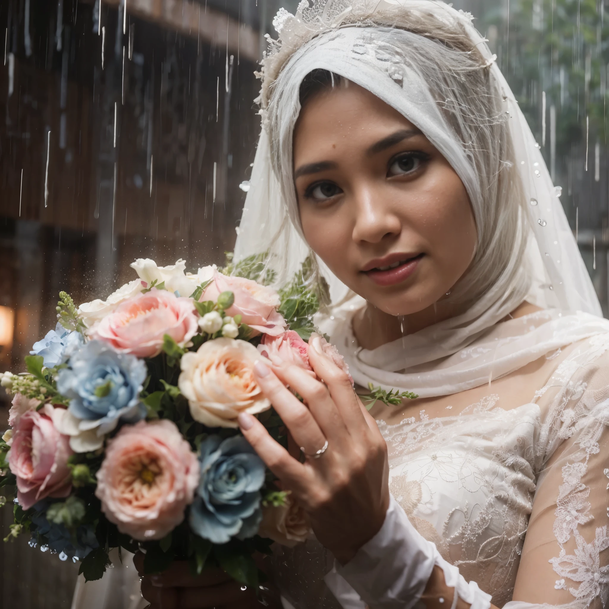 Malaysian woman, 40 years old, plump, wearing a wedding dress, holding flowers, looks soaking wet, dress looks wet, face and hair are wet, dancing under heavy rain, rainy atmosphere, sharp focus,