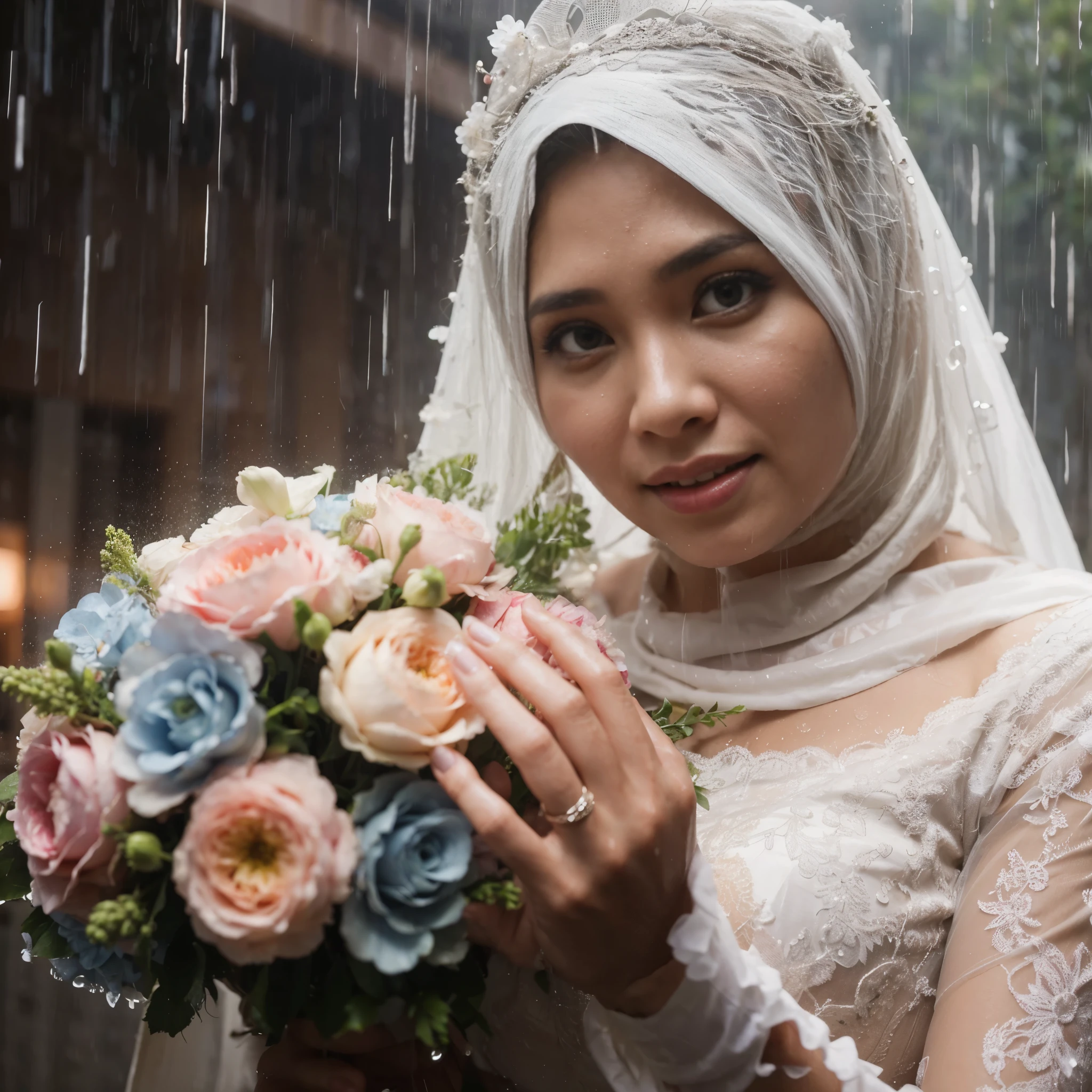 Malaysian woman, 40 years old, plump, wearing a wedding dress, holding flowers, looks soaking wet, dress looks wet, face and hair are wet, dancing under heavy rain, rainy atmosphere, sharp focus,