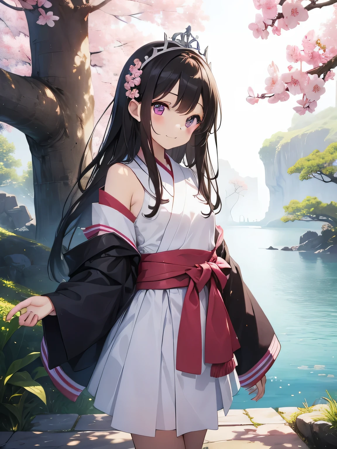 highest quality、Highest image quality、beautiful eyes、very delicate and beautiful、beautiful eyes、pink eyes、Soio、Soio、11 year old girl、Japanese、、Chiquita、Noble、primary school student、black hair、barefoot、((Island-style clothes)))、(High leg)、tiara on head、A sloppy smile、standing and facing the front、The background is a row of cherry blossom trees