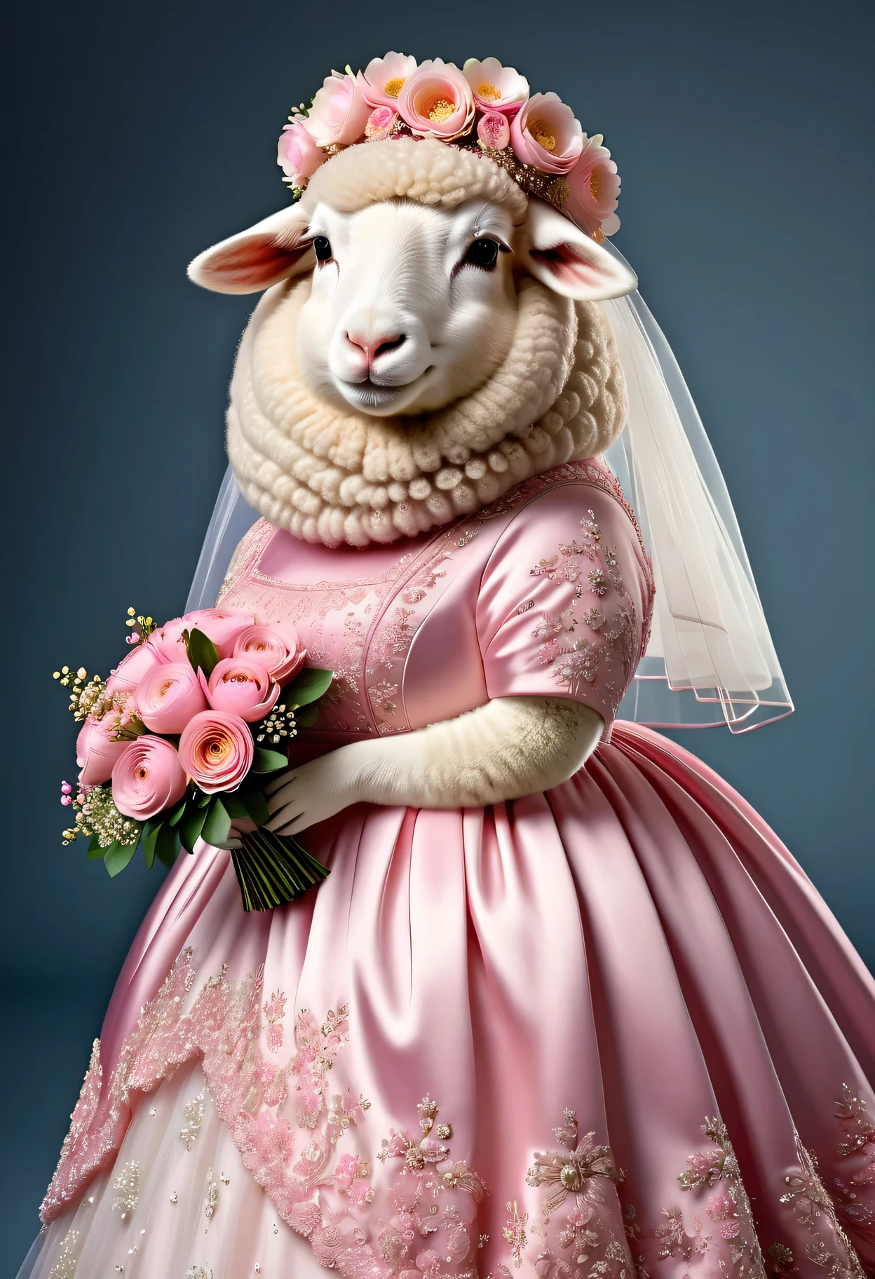 photorealistic portrait of Dressed animals - a ((fat)) sheep,(elegant pose:1.2 ),(furry),(looking to the side:2.0), high quality,(lovely) ,intricate details, highly detailed ((pink wedding dress)) ,wearing highly detailed veil, highly detailed decorations ,holding flower bouquet, (happy), studio lighting,()