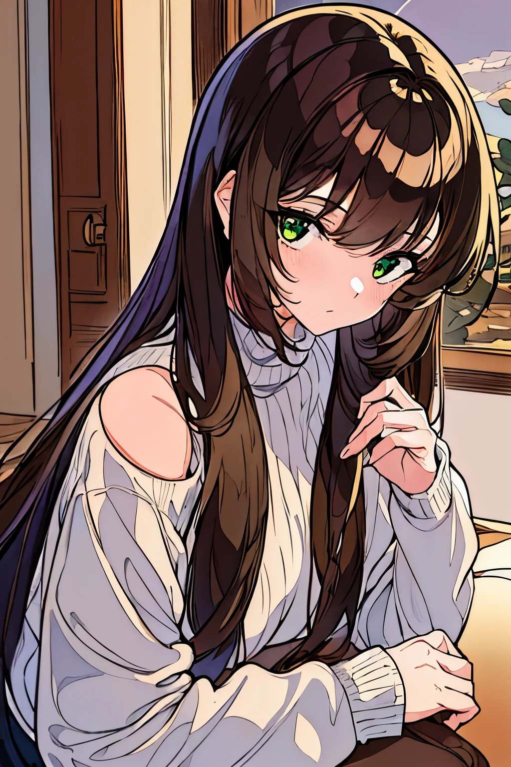 a stunning masterpiece,High resolution portrait of a beautiful detailed girl with long hair, Shiny brown hair and stunning green eyes, Wear a comfortable sweater