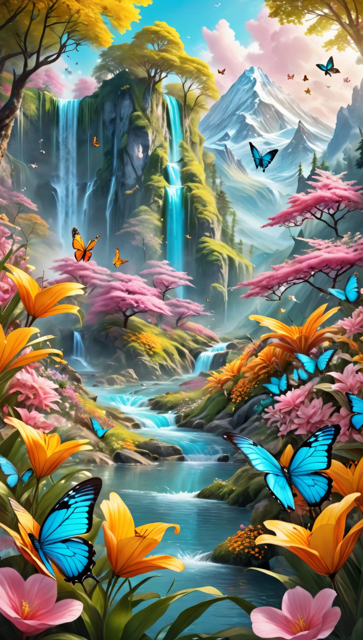 sunrise in spring:1.5, ((general plan:1.4)), ((beautiful morning colors yellow, pink orange, cyan:1.5)), ((magical landscape, idyllic mountains, a waterfall, and plain full of beautiful and exotic florae: 1.5)), ((ultra detailed:1.5)), ((butterflies, birds:1.2)), (( idyllic, dreamy, Fantasy:1.3)), warm atmosphere, ultra-realistic, portrait, highly detailed 32k digital art, beautiful digital artwork, 8k realistic digital art, soft lighting, ((highly detailed: 1.4), ((masterpiece)), (Hyper detailed and beautiful: 1.3), (Photorealistic: 1.4)