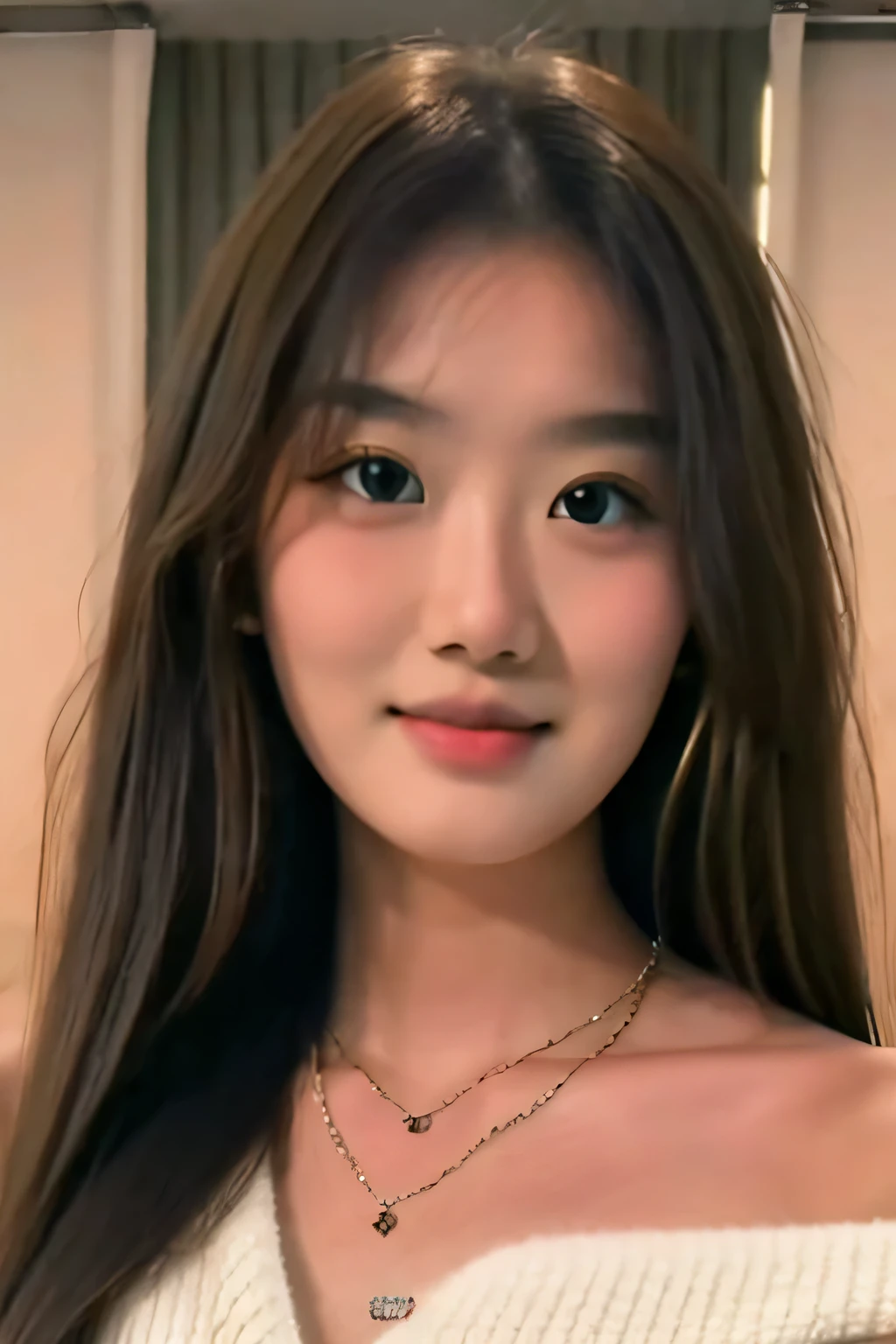 1 girl in, 19 years old, alone, long hair, huge , oriental face,looking at the audience, blond, Bare upper body, brown eyes, jewelry, whole body, A necklace, Off the shoulders, sweater, actual, a sexy,HD