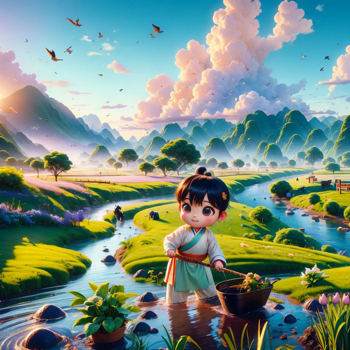 (((Spring Morning)))，A cute little Chinese boy，Dressed in light-colored Hanfu，Planting vegetables with a hoe，A black cow eats grass，From Bubble Mart。she is in the fields，distant river、grassland，There are mountains in the distance，birds circling in the sky，With green onions。Disney-Pixar-style characters，big watery eyes，bright colors。Ray tracing、Octane refining technology，Wide-angle view，clay material，animated lights。3D production，Use C4D、Overclocked rendering