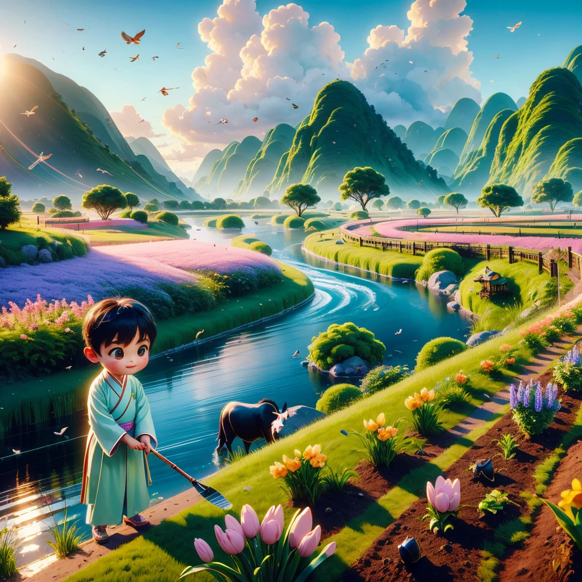 (((Spring Morning)))，A cute little Chinese boy，Dressed in light-colored Hanfu，Planting vegetables with a hoe，A black cow eats grass，From Bubble Mart。she is in the fields，distant river、grassland，There are mountains in the distance，birds circling in the sky，With green onions。Disney-Pixar-style characters，big watery eyes，bright colors。Ray tracing、Octane refining technology，Wide-angle view，clay material，animated lights。3D production，Use C4D、Overclocked rendering