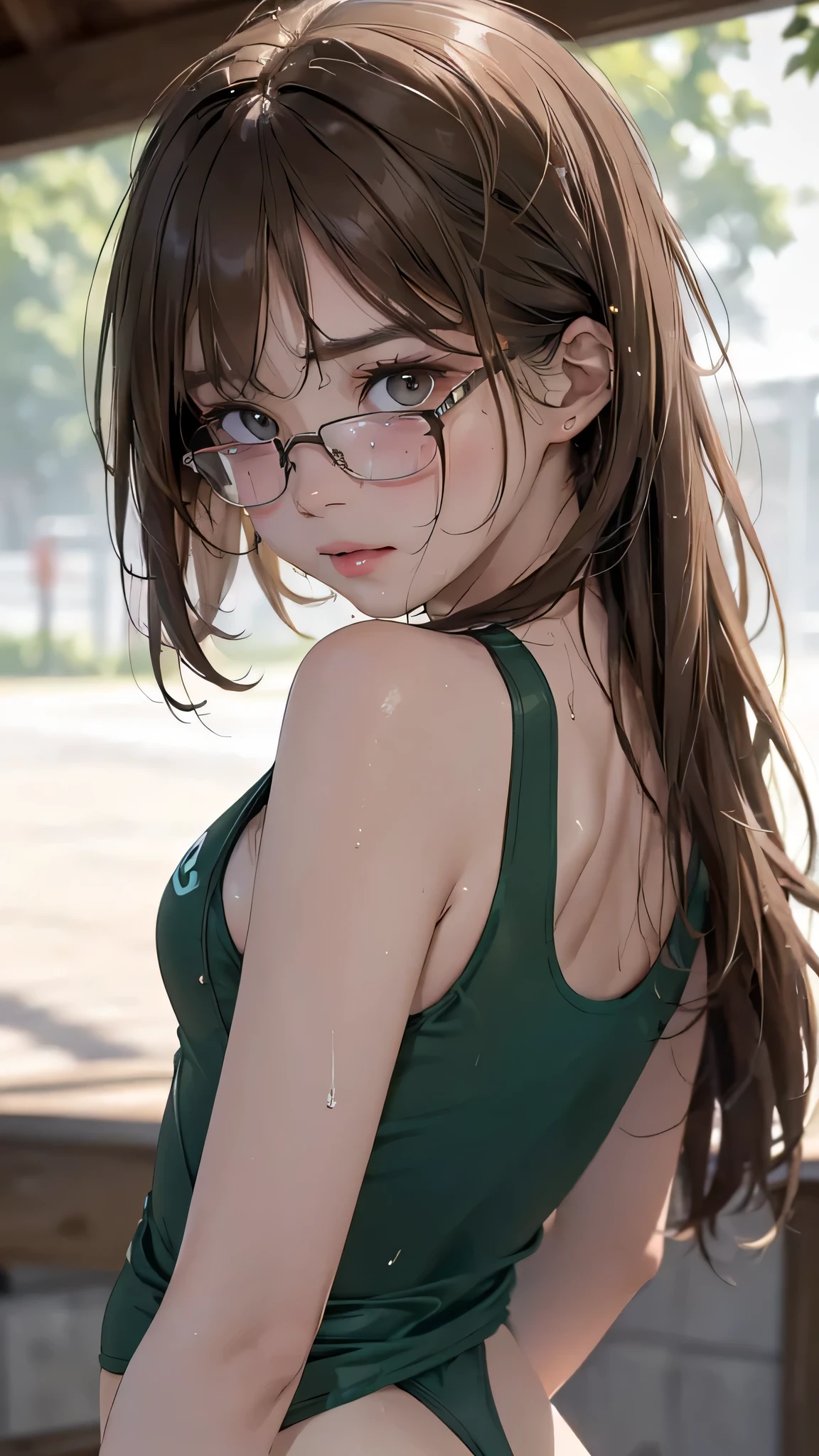 1 female,black hair,25 years old,(((blue shiny micro tight skirt)))((white tank top))(((blush、open mouth smile)),(((straight hair))),(((portrait))),crowd,,(wet with sweat)(sexy black bra and see-through tank top)(Glasses)(((small breasts)))((low ponytail))