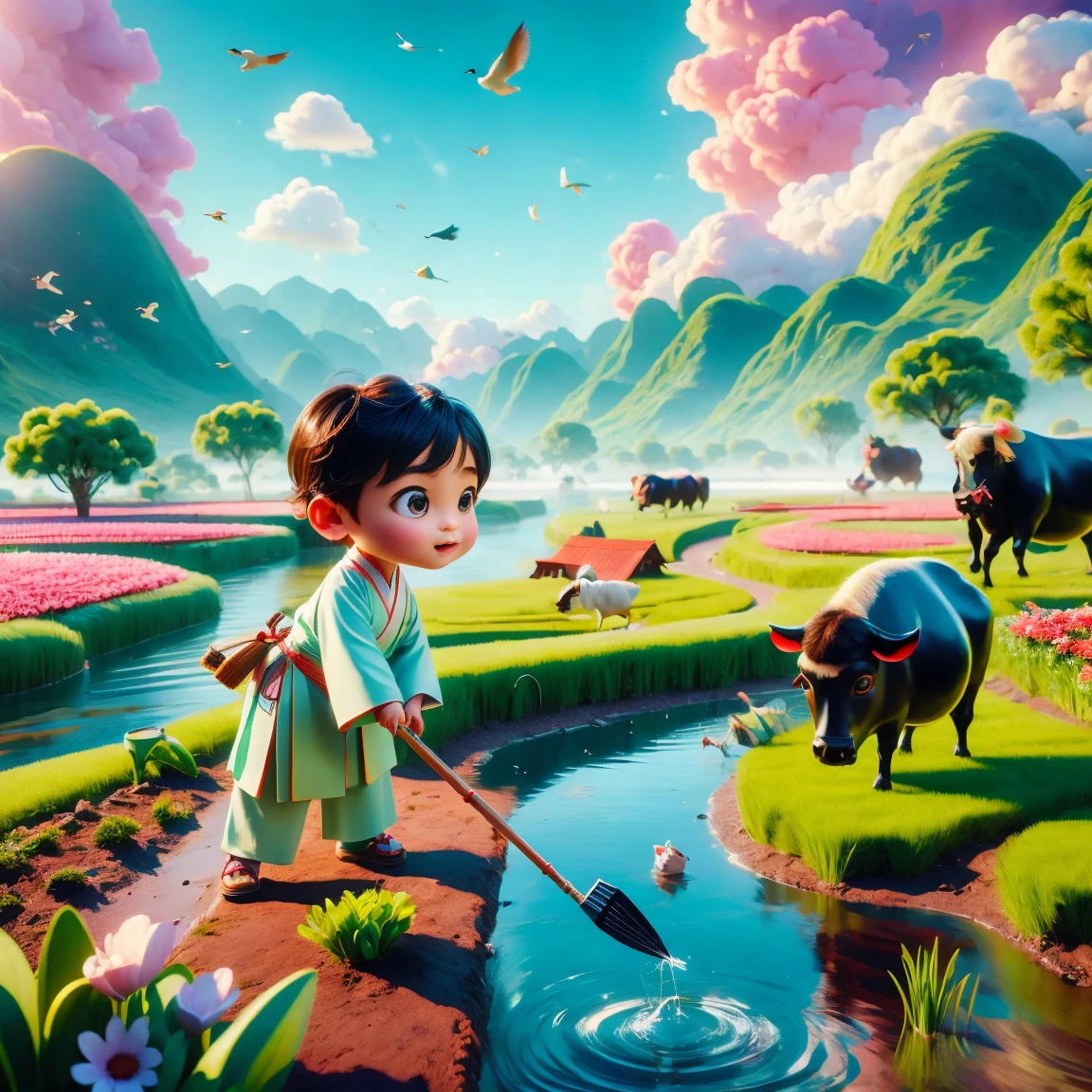 (((Spring Morning)))，A cute  Chinese boy，Dressed in light-colored Hanfu，Planting vegetables with a hoe，A black cow eats grass，From Bubble Mart。she is in the fields，distant river、grassland，There are mountains in the distance，birds circling in the sky，With green onions。Disney-Pixar-style characters，big watery eyes，bright colors。Ray tracing、Octane refining technology，Wide-angle view，clay material，animated lights。3D production，Use C4D、Overclocked rendering