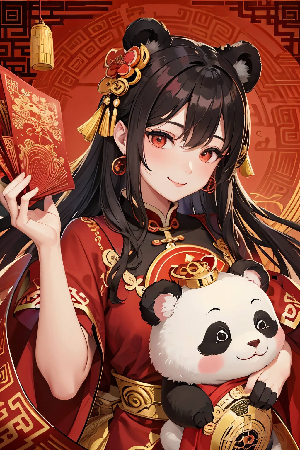 In the vibrant realm of Chinese folklore, a Cute Panda God of Fortune basks amidst a red sea of gold treasures and red envelopes. Dressed in traditional Chinese attire, his fur is a luscious shade of black and white, adorned with intricate, red details that symbolize prosperity and good fortune. The immaculate, flat style illustration captures every intricate detail of his charming features, from his gentle smiling face to his distinct black eyes, making him a true embodiment of happiness and blessings. The image is printed on a red bag, adding a festive touch to it and creating an alluring contrast between the golden treasures and the crim