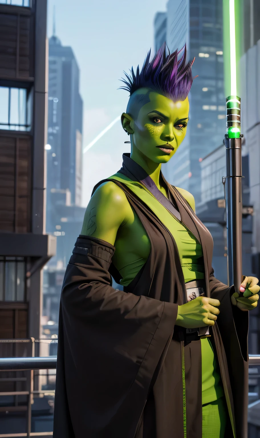 a digital drawing of an alien Jedi woman, with tall Mohawk feather hairstyle, with green skin, wearing flowing dark brown Jedi robes, with a green lightsaber in her hand, a sci-fi city in the background, 2d art, illustration, Star Wars art, cartoon, concept art