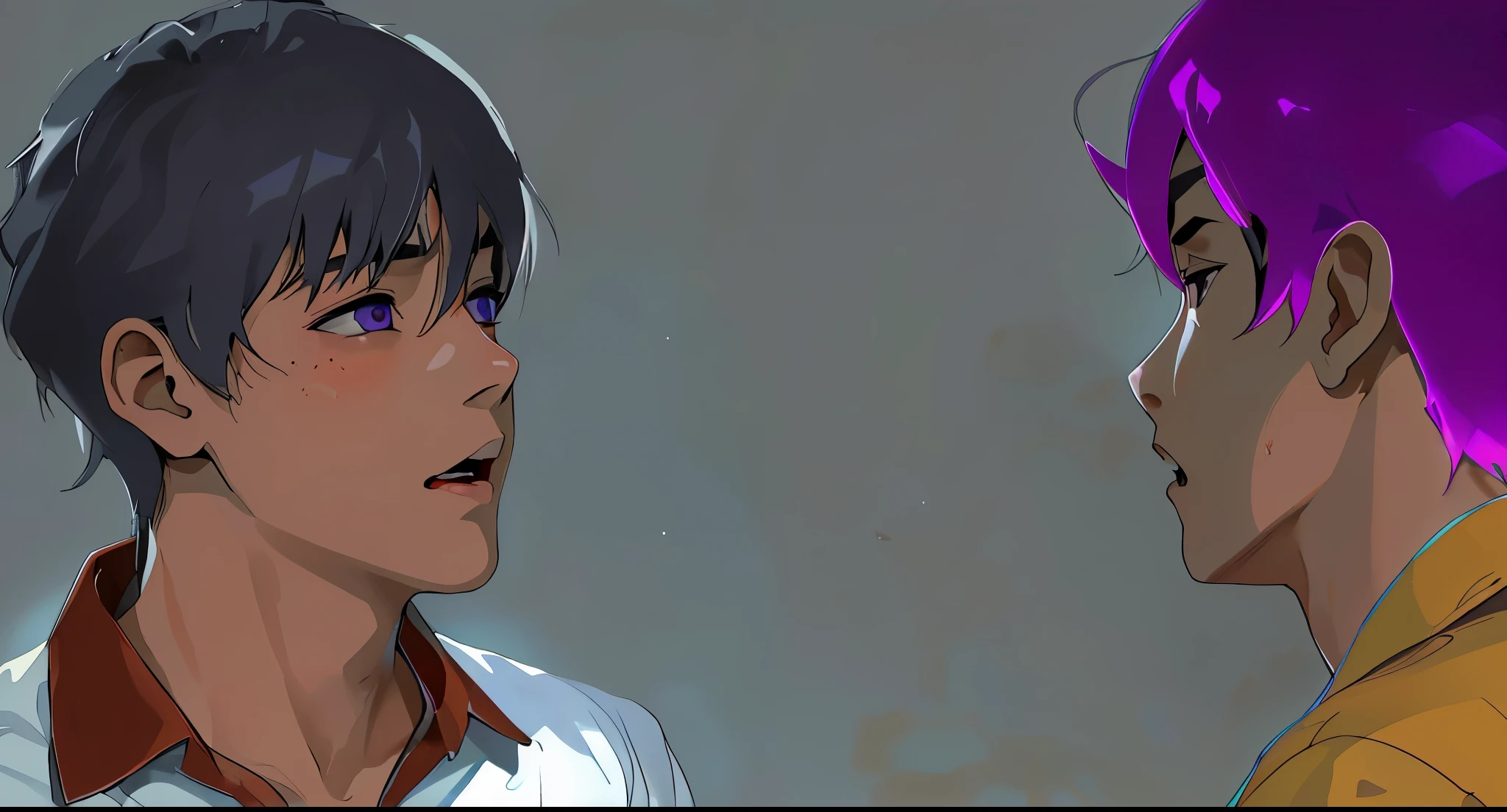 They are screaming, there are two cute 16 year old boys., uno de cabello gris y el otro de cabello morado estan discutiendo esta discgustados
