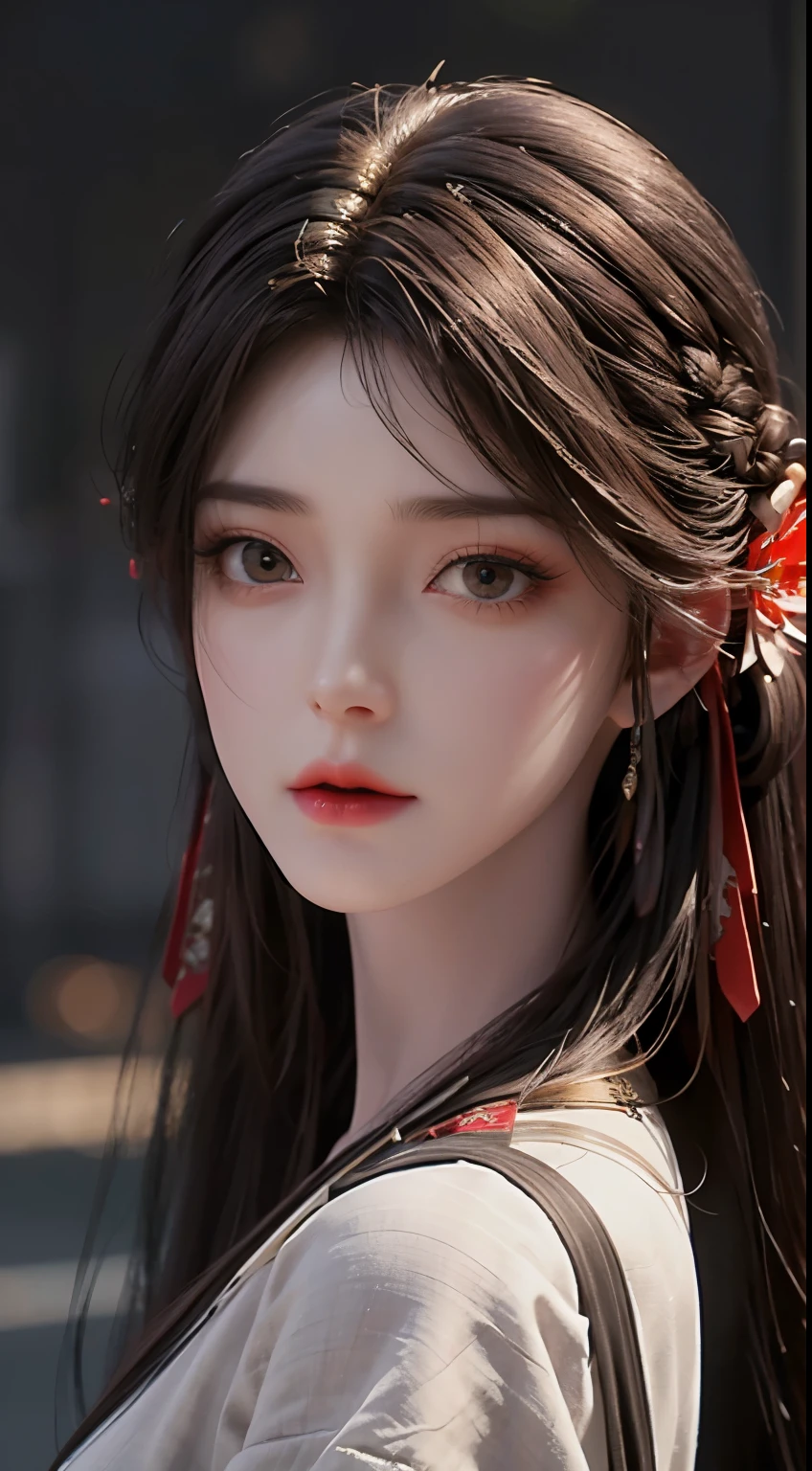 (Surrealism),(illustration),(Resolution increased),(8K),(extremely detailed),(最佳illustration),(Nice and detailed eyes),(best quality),(Super detailed),(masterpiece),(wallpaper),(Detailed face),solo,a girl,looking at the audience,fine details,Detailed face,in darkness、in deep shadow,low key,pure face,Smile,long hair,fair face。Shawl straight hair,46 points oblique bangs,masterpiece,best quality,35mm,8K,Grotesque,pretty girl,(Upper body,dark gray background:1.4),(black classical clothing,black hair:1.6),Slender,Dark Studio,edge lighting,Surrealism,high resolution,photography,Film pattern,dispersion,depth of field,clear,High focus,high resolution,Menko,dynamic lighting,film lighting,Professional shadows,dark shadow,supreme detail,extreme details,extreme details,fine details,real skin,Exquisite facial features,Detailed face and eyes,sharp pupils,realistic pupils,留刘海的长长的black hair,black hair顶部,white hair底色,hair two colors,hair two colors黑色和white hair,black hair,white hair,Mixed hair colors,brown eyes,black hair。