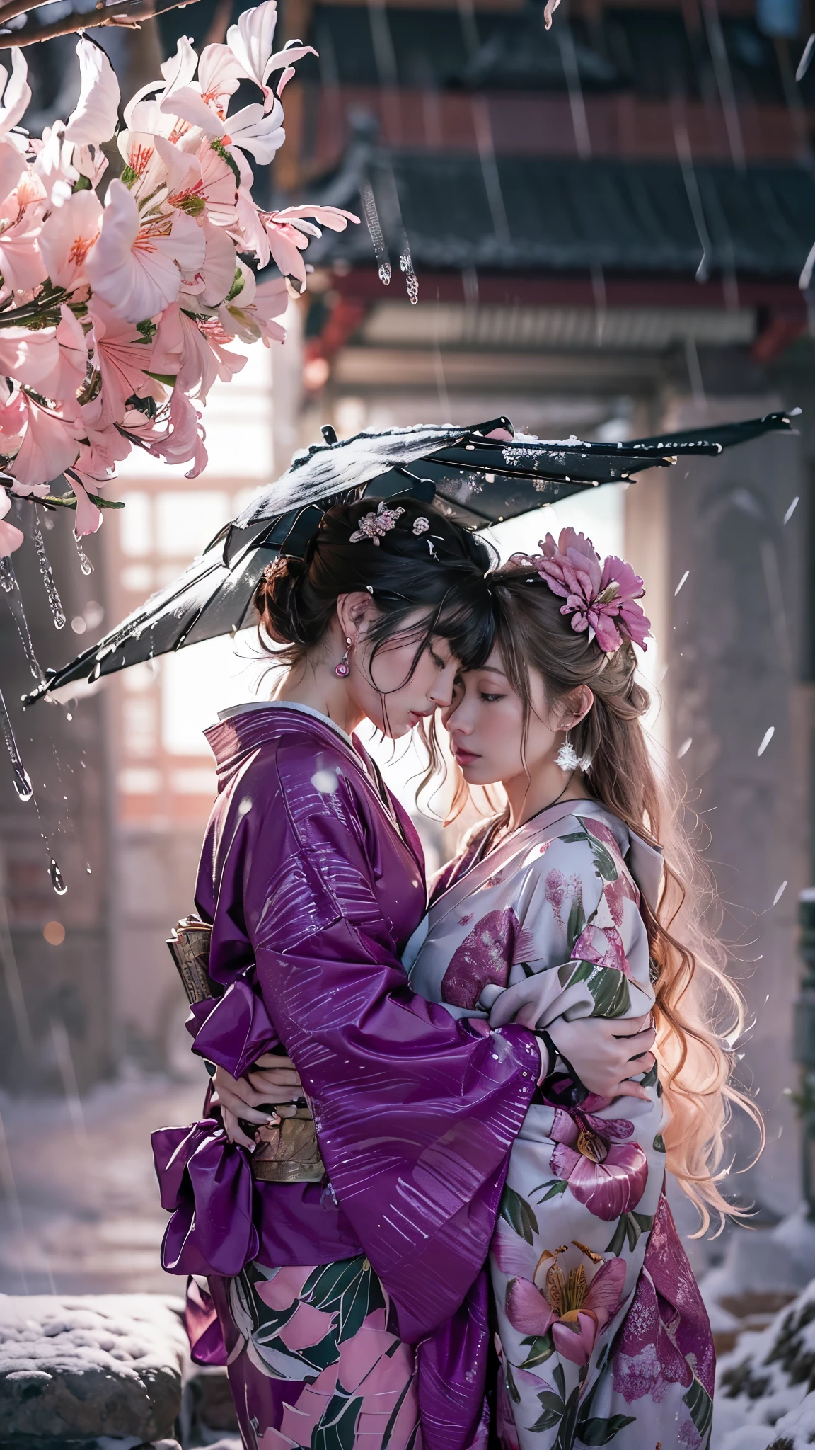 (RAW shooting, Photoreal:1.5, 8K, highest quality, masterpiece, ultra high resolution), ((((heavy snow, Blizzard)))), Highly detailed skin and facial textures:1.3, perfect dynamic composition:1.2, (In front of a shrine at night in a modern city, expression of sadness:1.0, Tears are flowing:1.0, cry with a broken heart:1.0), Slim office lady wet in the rain:1.3, cowboy shot, Fair skin:1.2, sexy beauty:1.1, perfect style:1.2, beautiful and aesthetic:1.1, very beautiful face:1.2, water droplets on the skin, (rain drips all over my body:1.2, wet body:1.2, wet hair:1.3), (Professional kimono dressing:1.1, Holding a bouquet of wet lilies:1.2, Wearing a wet pink kimono correctly:1.3), (Medium chest, Bra is sheer, Chest gap), (Eyes that feel beautiful eros:0.9, Too erotic:0.9, Bewitching:0.9), necklace, earrings, bracelet, wedding ring, Highly detailed hand and finger expressions