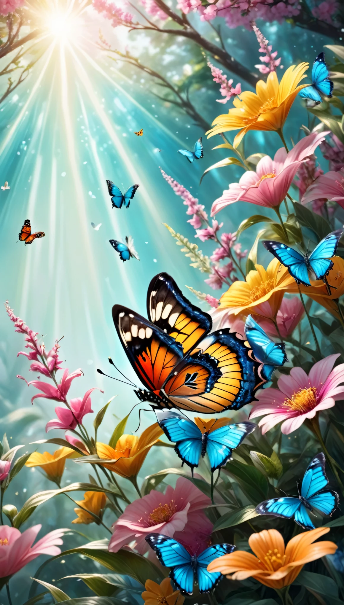 sunrise in spring:1.5, ((general shot:1.4)), ((close-up of butterfly perched on a flower, beautiful, the rays of the morning sun bathe the butterfly:1.6)),((beautiful morning yellow colors, orange pink, cyan:1.5)), ((ultra detailed:1.5)), (( idyllic, dreamy, Fantasy:1.3)), warm atmosphere, ultra-realistic, portrait, highly detailed 32k digital art, beautiful digital artwork, 8k realistic digital art, soft lighting, ((highly detailed: 1.4), ((masterpiece)), (Hyper detailed and beautiful: 1.3), (Photorealistic: 1.4)