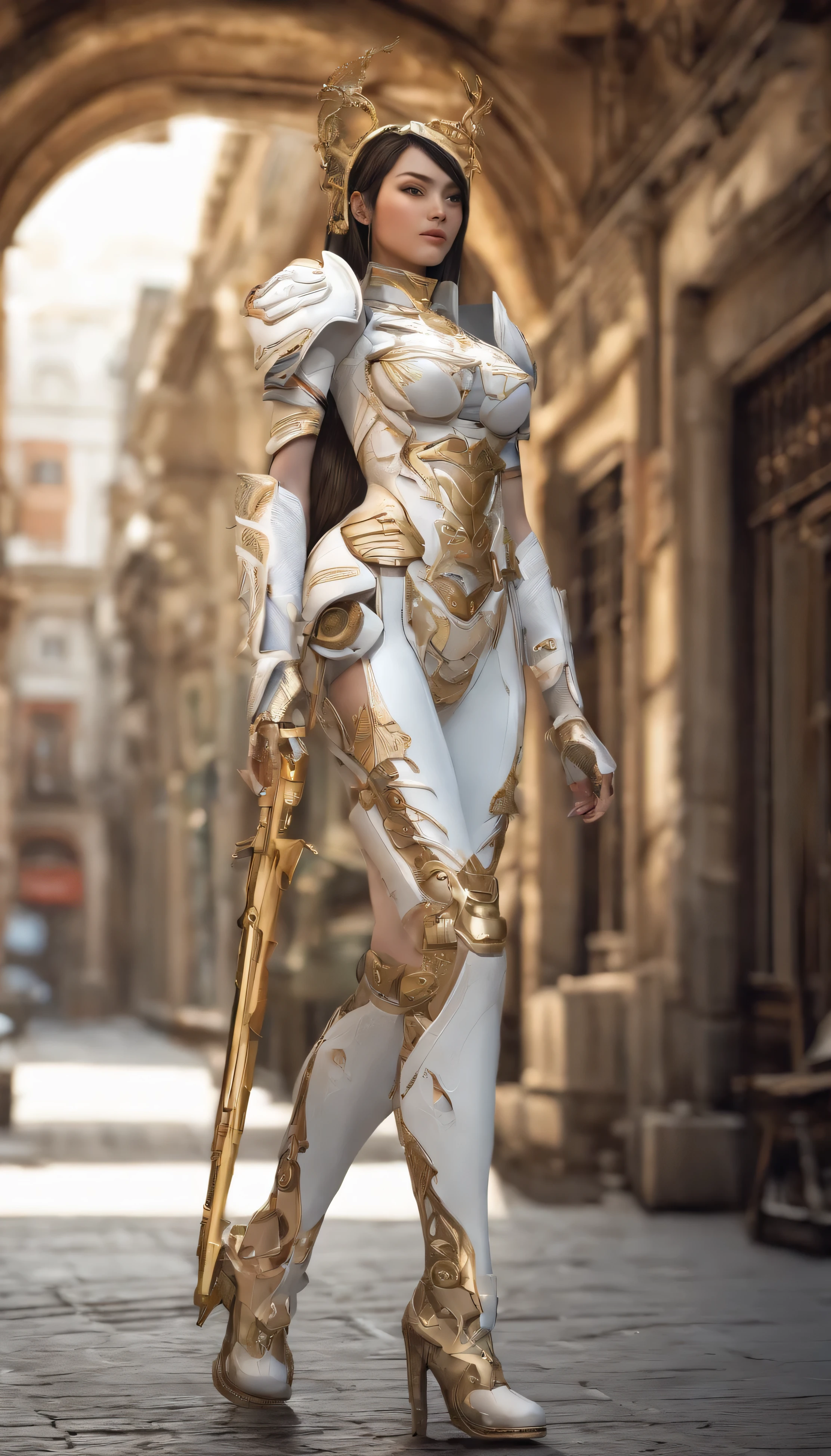 a woman in a white and gold outfit walking down a street, a statue by senior character artist, trending on cgsociety, fantasy art, biomechanical oppai, cyborg noble woman, simple futurist cyborg empress, perfect anime cyborg woman, porcelain cyborg armor, heavy white and golden armor, anime goddess, beautiful cyborg priestess, stunning armor, ornate cosplay