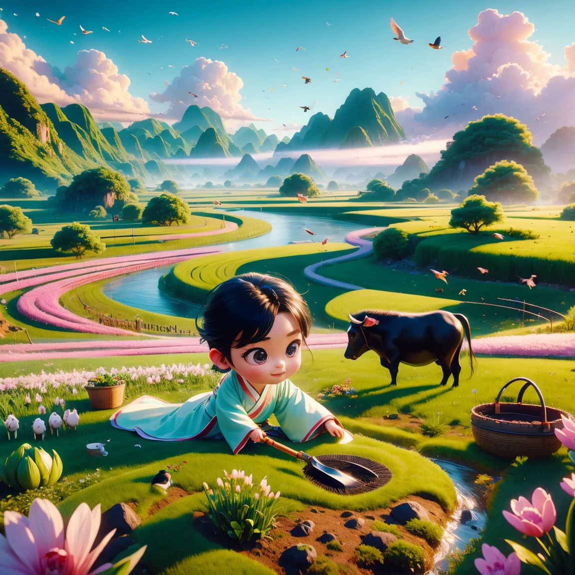 (((Spring Morning)))，A cute little Chinese boy，Dressed in light-colored Hanfu，Planting vegetables with a hoe，A black cow eats grass，From Bubble Mart。she is in the fields，distant river、grassland，There are mountains in the distance，birds circling in the sky，With green onions。Disney-Pixar-style characters，big watery eyes，bright colors。Ray tracing、Octane refining technology，Wide-angle view，clay material，animated lights。3D production，Use C4D、Overclocked rendering