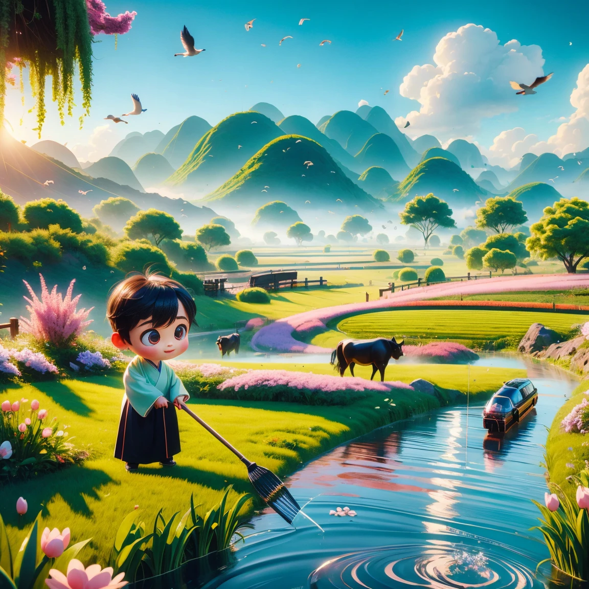 (((Spring Morning)))，A cute little Chinese boy，Dressed in light-colored Hanfu，Planting vegetables with a hoe，A black cow eats grass，From Bubble Mart。she is in the fields，distant river、grassland，There are mountains in the distance，birds circling in the sky，With green onions。Disney-Pixar-style characters，big watery eyes，bright colors。Ray tracing、Octane refining technology，Wide-angle view，clay material，animated lights。3D production，Use C4D、Overclocked rendering