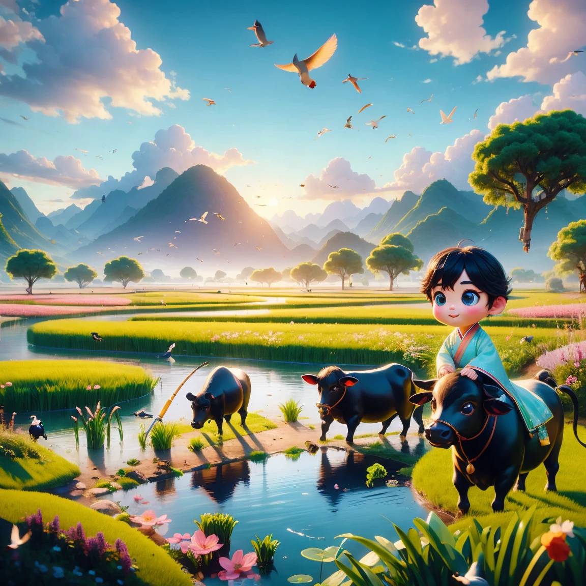 (((Spring Morning)))，A cute little Chinese boy，Dressed in light-colored Hanfu，Planting vegetables with a hoe，A black cow eats grass，From Bubble Mart。she is in the fields，distant river、grassland，There are mountains in the distance，birds circling in the sky，With green onions。Disney-Pixar-style characters，big watery eyes，bright colors。Ray tracing、Octane refining technology，Wide-angle view，clay material，animated lights。3D production，Use C4D、Overclocked rendering