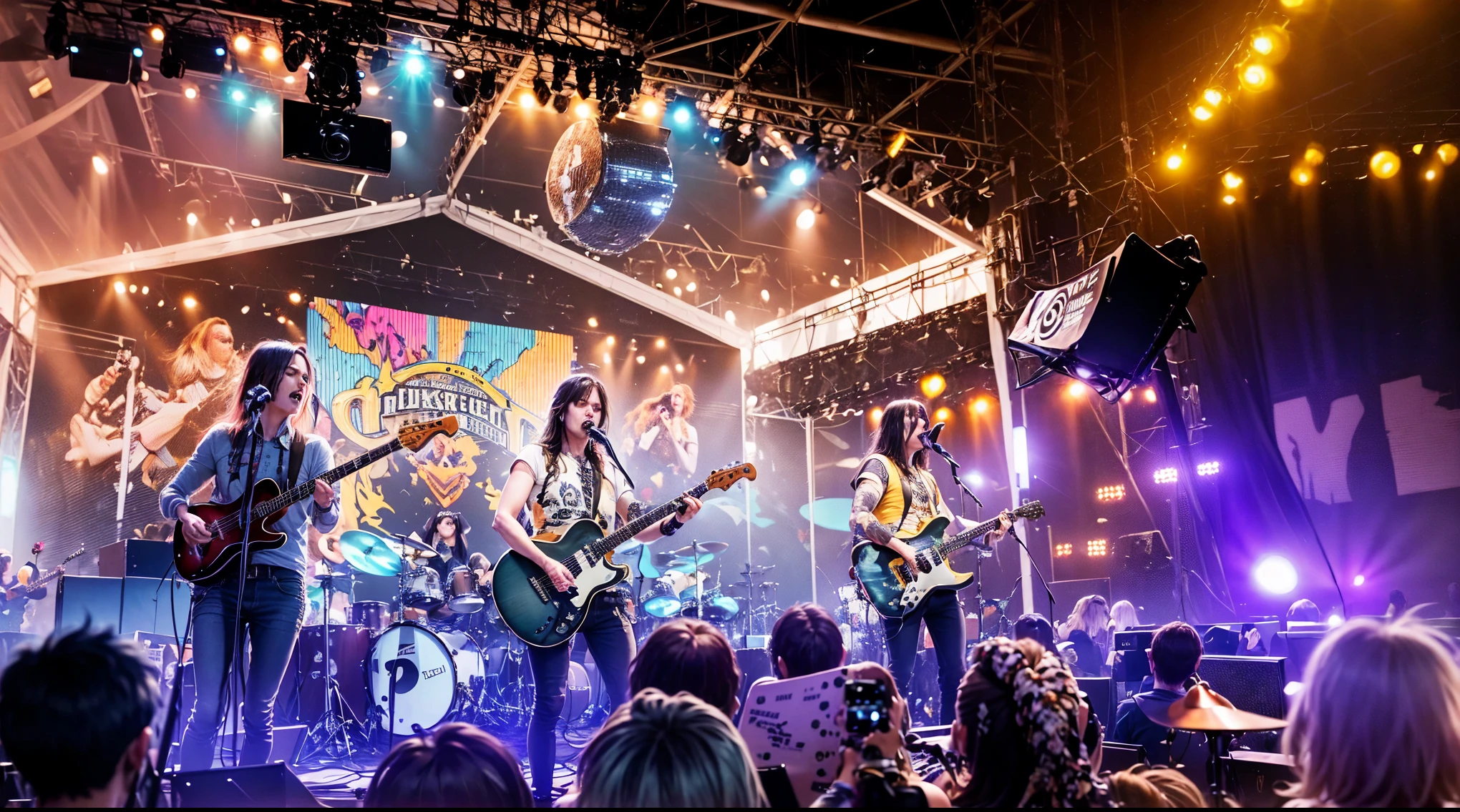 there are many people on stage playing instruments and singing, live concert lighting, rock musicians on the stage, on rock concert stage, live concert photography, rock concert, concert photography, concert lighting, heavy rock concert, live concert, stage photography, concert photo, on stage, on the stage, heavy metal concert, on a stage, set at night, playing guitar onstage