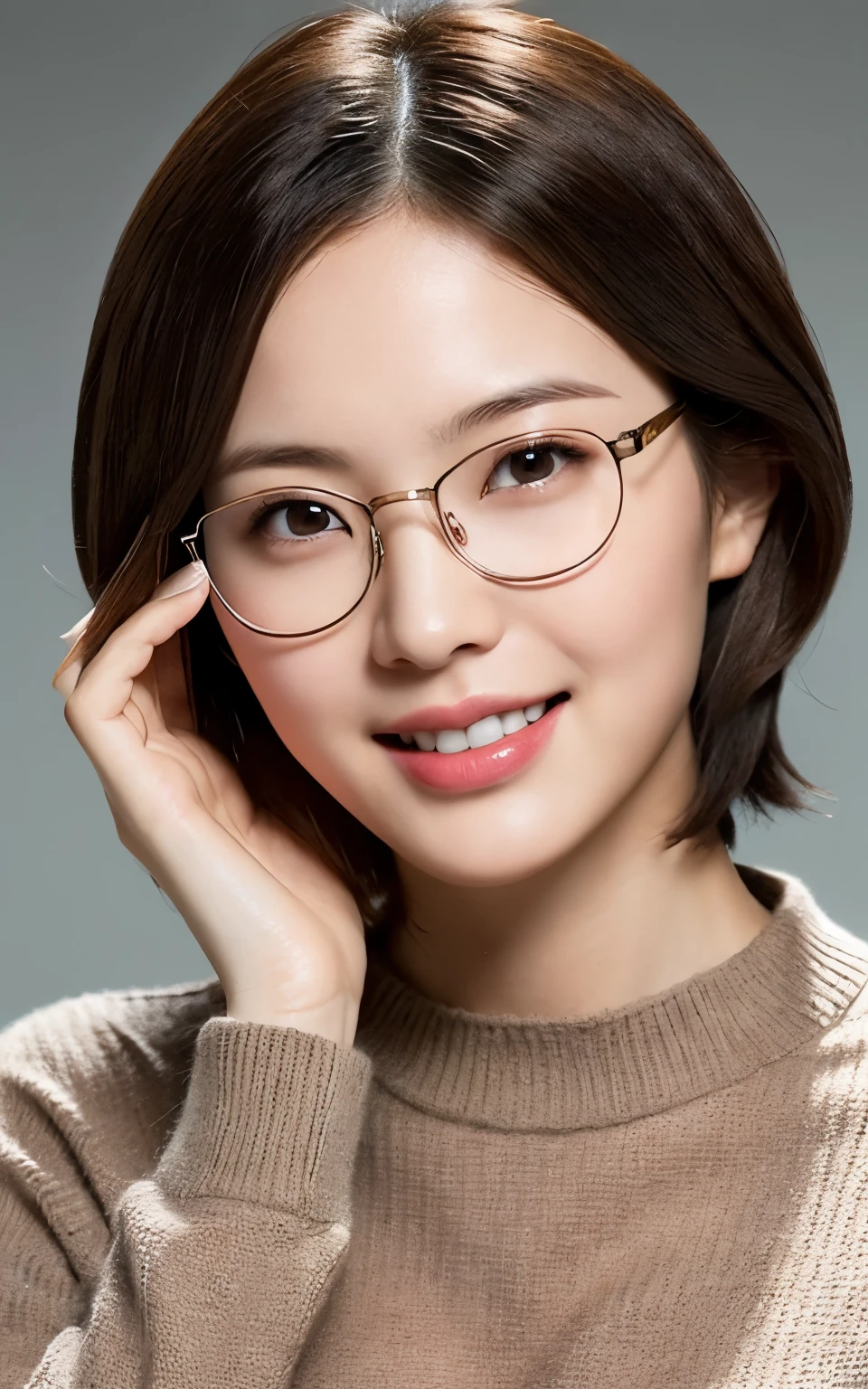 there is a 35 years old Chinese woman with glasses and a light color semi transparent sweater posing for a picture, fair skin, short hair. realistic skin material, professional photo. sexy smile, half body, medium breasts.