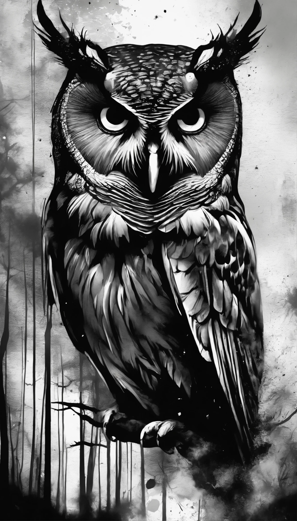 (((In dark fantasy ink splatter art:1.3))), Shabby owl, Mesmerizingly beautiful scenery appears, Chaotic black strokes ink splatter, Intricate details blend into the world of the ethereal forest, Otherworldly creatures, insanely beautifu, Gongbi, Every stroke exudes a charming feeling, extraordinary creation, Whether it is ink painting or oil painting, Master stunning details, pure brilliance, Creepy atmosphere ink splatter coating,