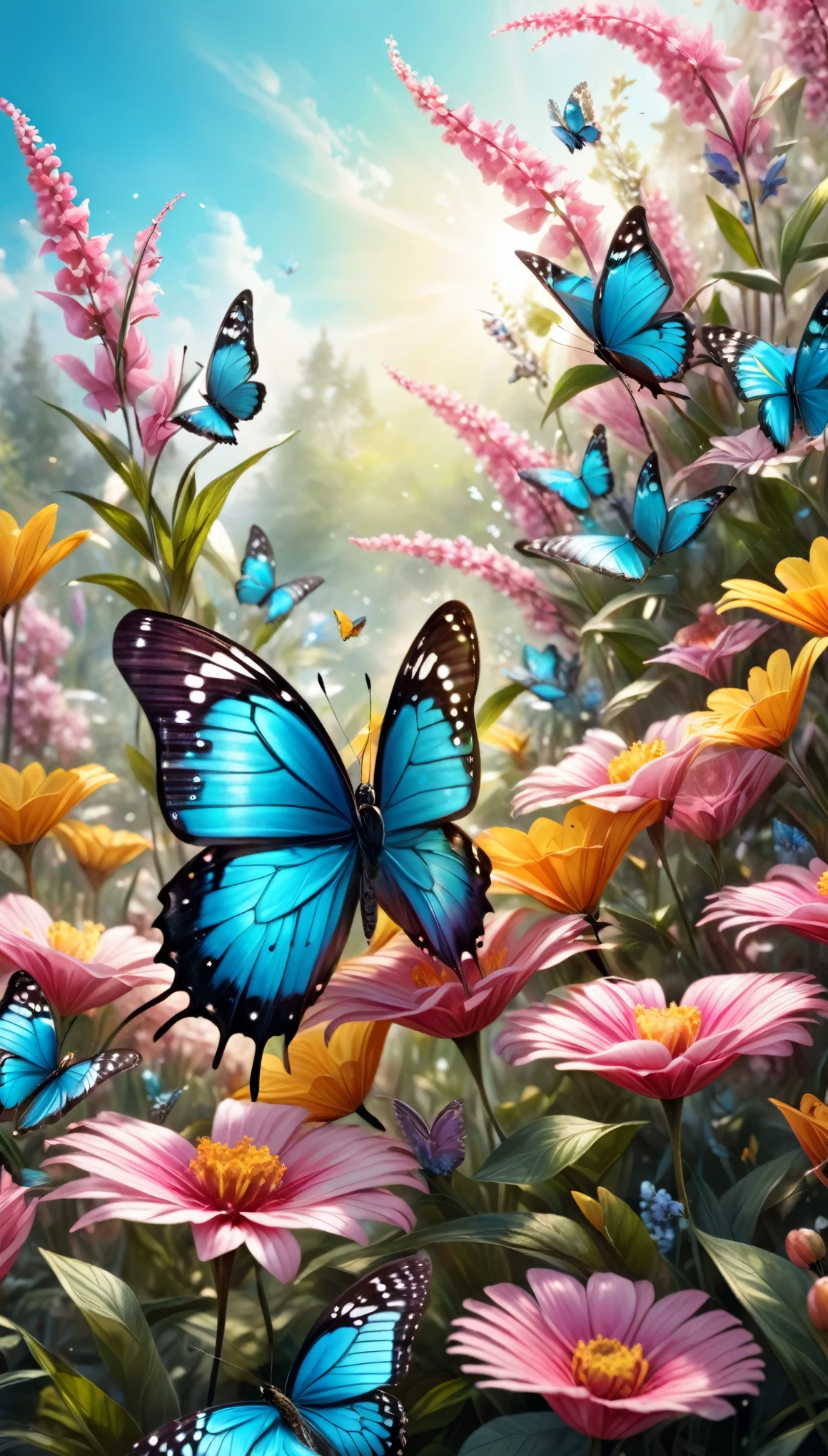 (dawn in spring: 1.5), ((general shot: 1.4)), ((close-up of butterfly perched on a flower, beautiful, the first rays of the sun in the morning bathe the butterfly with its light: 1.6)),( (beautiful morning colors yellow, pink orange, cyan:1.5)), ((ultra detailed:1.5)), (( idyllic, dreamy, Fantasy:1.3)), warm atmosphere, ultra-realistic, portrait, highly detailed 32k digital art, beautiful digital artwork, 8k realistic digital art, soft lighting, ((highly detailed: 1.4), ((masterpiece)), (Hyper detailed and beautiful: 1.3), (Photorealistic: 1.4)