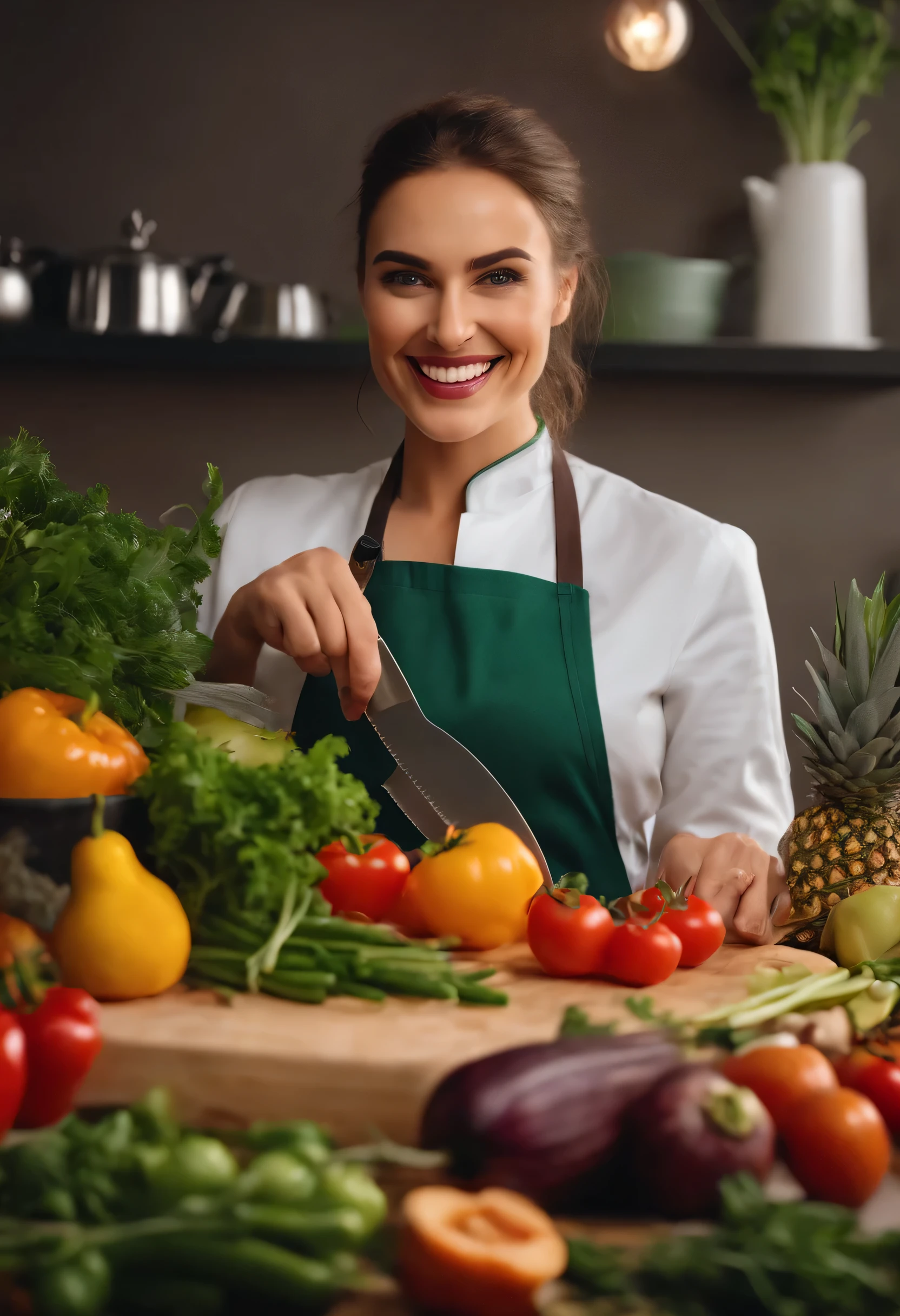 Mulher europeia,Mostre com uma faca de chef,Cozinha iluminada,Muitas frutas e legumes,Ri muito feliz