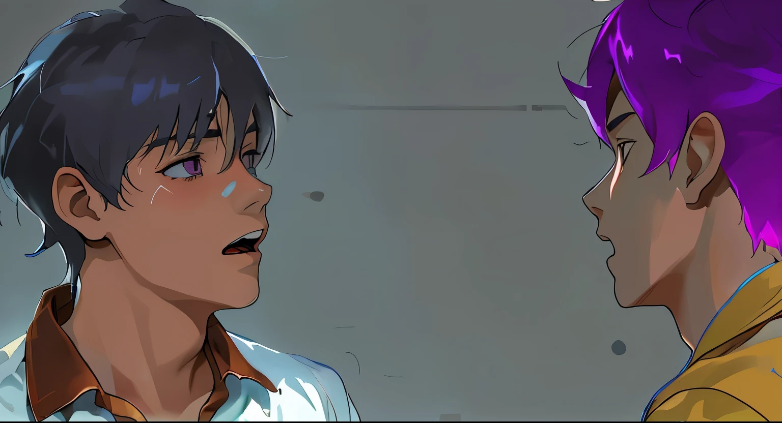 They are screaming, there are two cute 16 year old boys., uno de cabello gris y el otro de cabello morado estan discutiendo esta  discgustados
