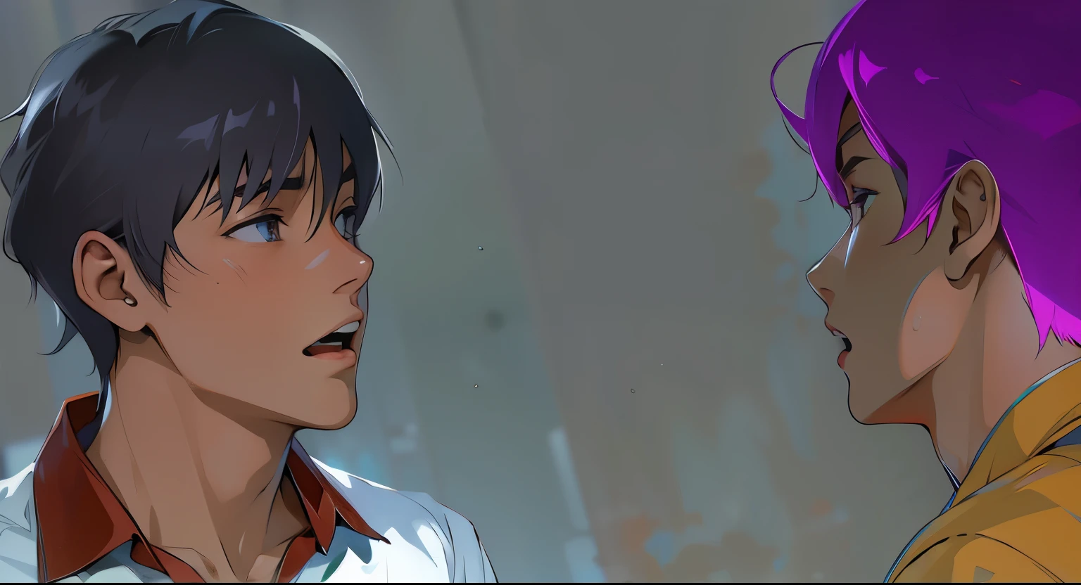 They are screaming, there are two cute 16 year old boys., uno de cabello gris y el otro de cabello morado estan discutiendo esta discgustados