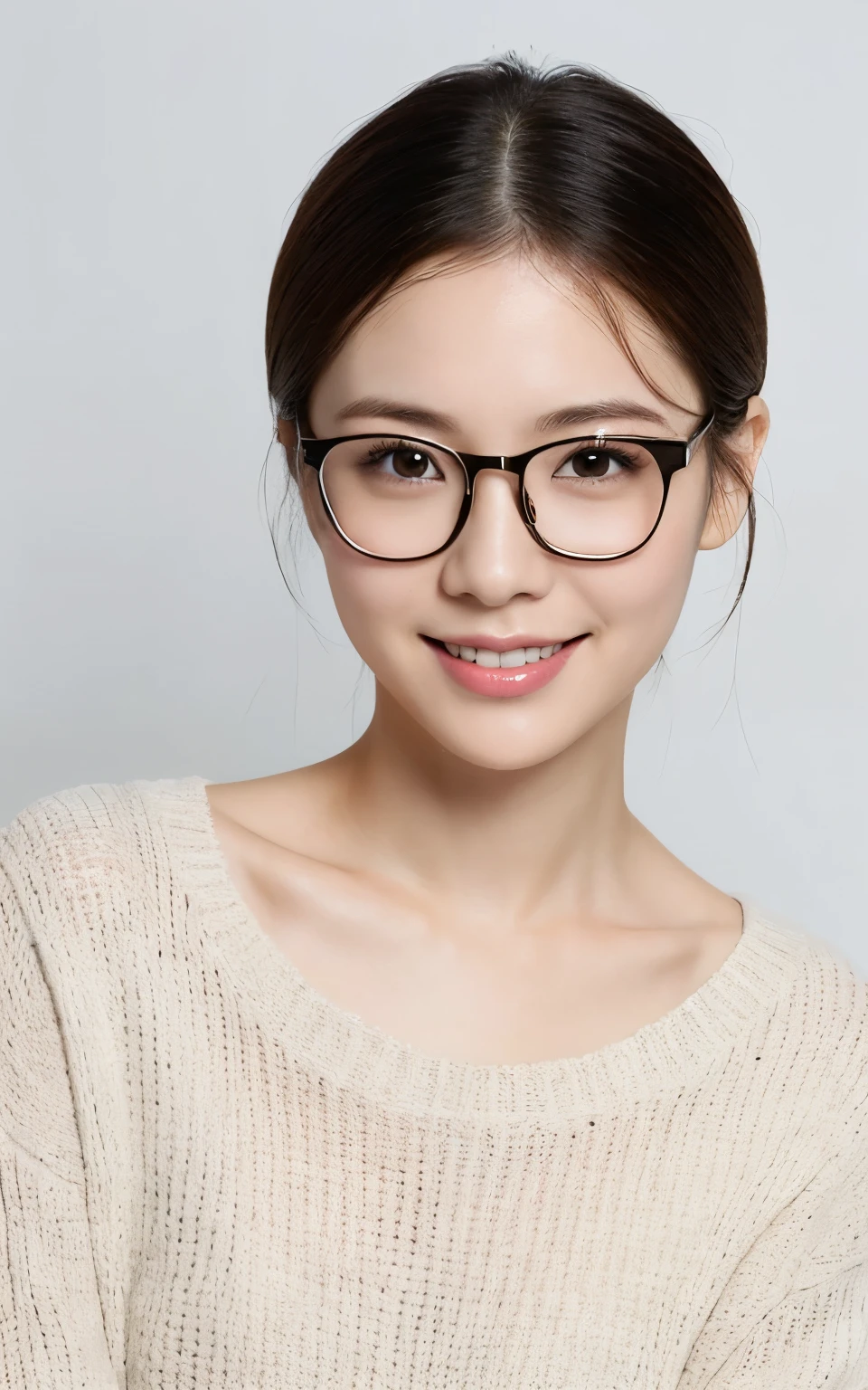 there is a 35 years old Chinese woman with glasses and a light color ,hollow out sweater , posing for a picture, fair skin, short hair. realistic skin material, professional photo. sexy smile, half body, medium breasts.