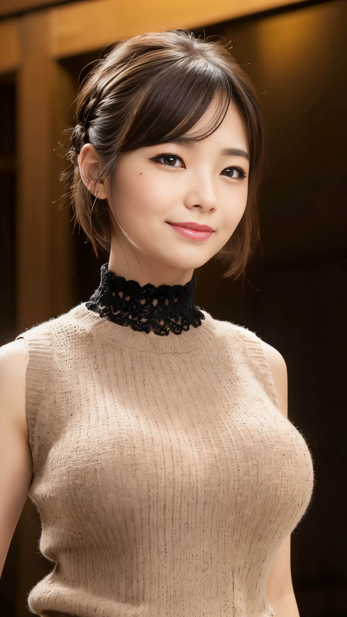 黒いsleeveless sweaterを着た日本女性、 (((masterpiece))), ((highest quality)), ((intricate details)), (((超realistic)), absurd solution, near and far law, very detailed, realistic, 1 girl, ((big breasts)), perfect hands, finger details, beautiful and detailed eyes, short hair, brown eyes,(sleeveless sweater:1.2), Black knitted dress, detailed background, choker, perfect eyes, enchanting eyes, look at the audience, from the front、laughter、mole around the mouth、