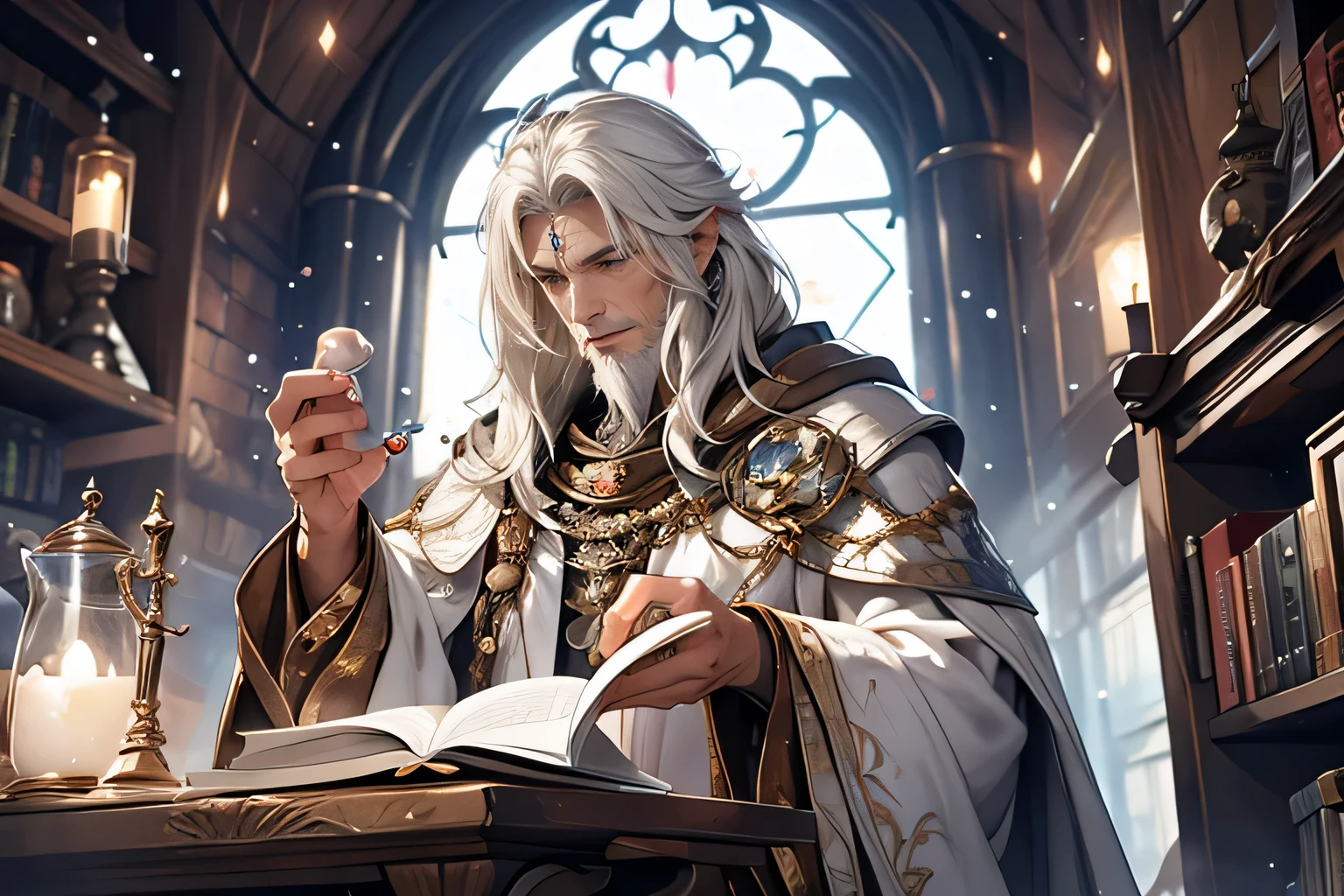 An illustration of a wise old wizard conjuring a sacred white pearl through magical incantations, set in a Fantasy Medieval theme. The wizard is adorned in white elaborate robes