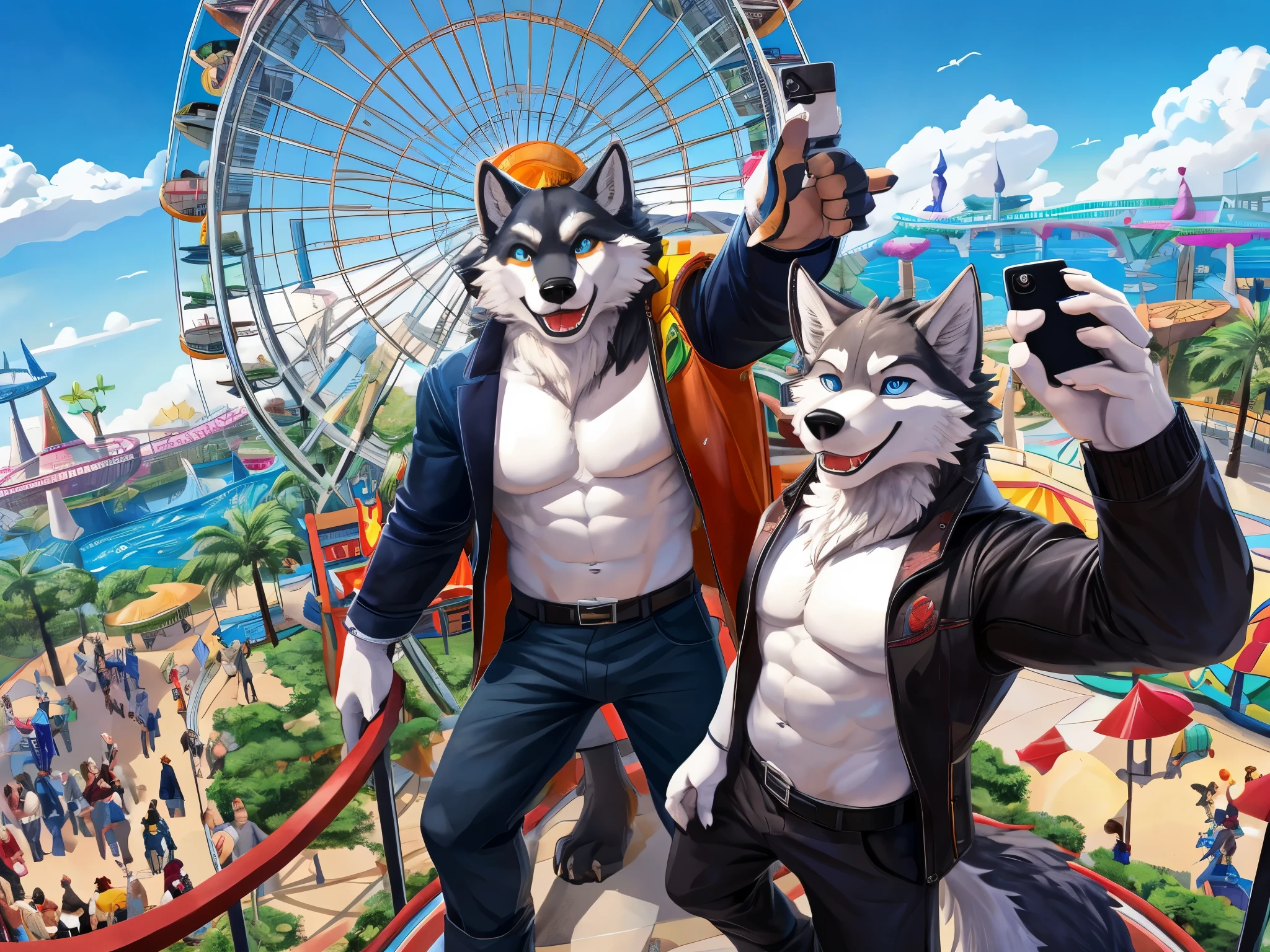 dynamic pose, absurdres(highly detailed beautiful face and eyes)perfect anatomy, (ultra detailed), sharp focus, niji, eyesgod, black eye, furry, white beard, anthro (wolf), male, middle-aged, white belly, black fur, high quality illustrations, detailed background, group shot, 6+boys, Happy, joyful, (Photos taken with friends), (best quality), (masterpiece), high details, award winning, highres, HD, 16k, sit on the top of the ferris wheel at theme park, background is wide view of theme park from above with blue sky clouds, selfie, (far from camera :0.5)