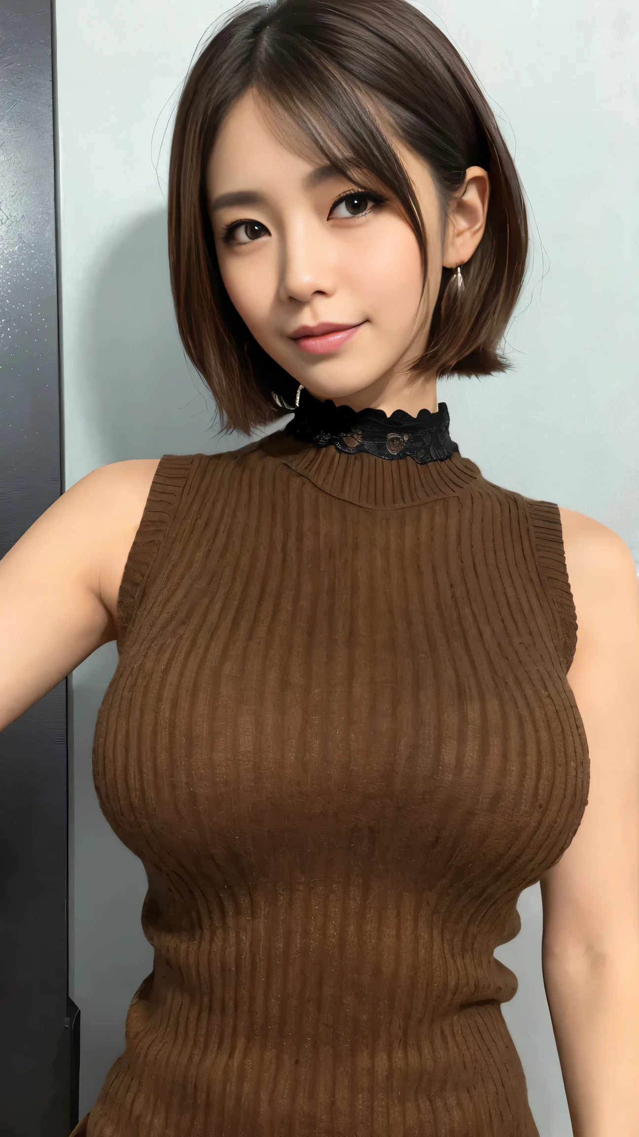 Japanese woman wearing a black sleeveless sweater、 (((masterpiece))), ((highest quality)), ((intricate details)), (((Super realistic)), absurd solution, near and far law, very detailed, realistic, 1 girl, ((big breasts)), perfect hands, finger details, beautiful and detailed eyes, short hair, brown eyes,(sleeveless sweater:1.2), Black knitted dress, detailed background, choker, perfect eyes, enchanting eyes, look at the audience, from the front、laughter、mole around the mouth、