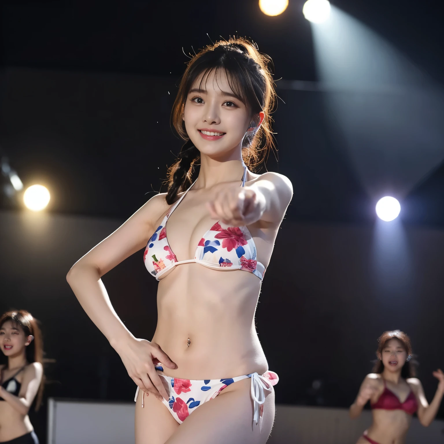 ((masterpiece、highest quality))、shape、Ultra-detailed 8K、realistic、sharp focus、very detailed、professional lighting、colorful details、detailed face、detailed expression、excited look、((Precise finger drawing))、((please open your mouth))、((sweating))、((Floral triangular bikini:1.3)、super cute woman、Part of an idol group、(((dancing at a concert:1.5)))、twin tails、Hair is moving、looking at camera、Spotlight、18-year-old、shine、intricate details、Shitsumeka、1 A girl is in front of the audience.、belly button、smile