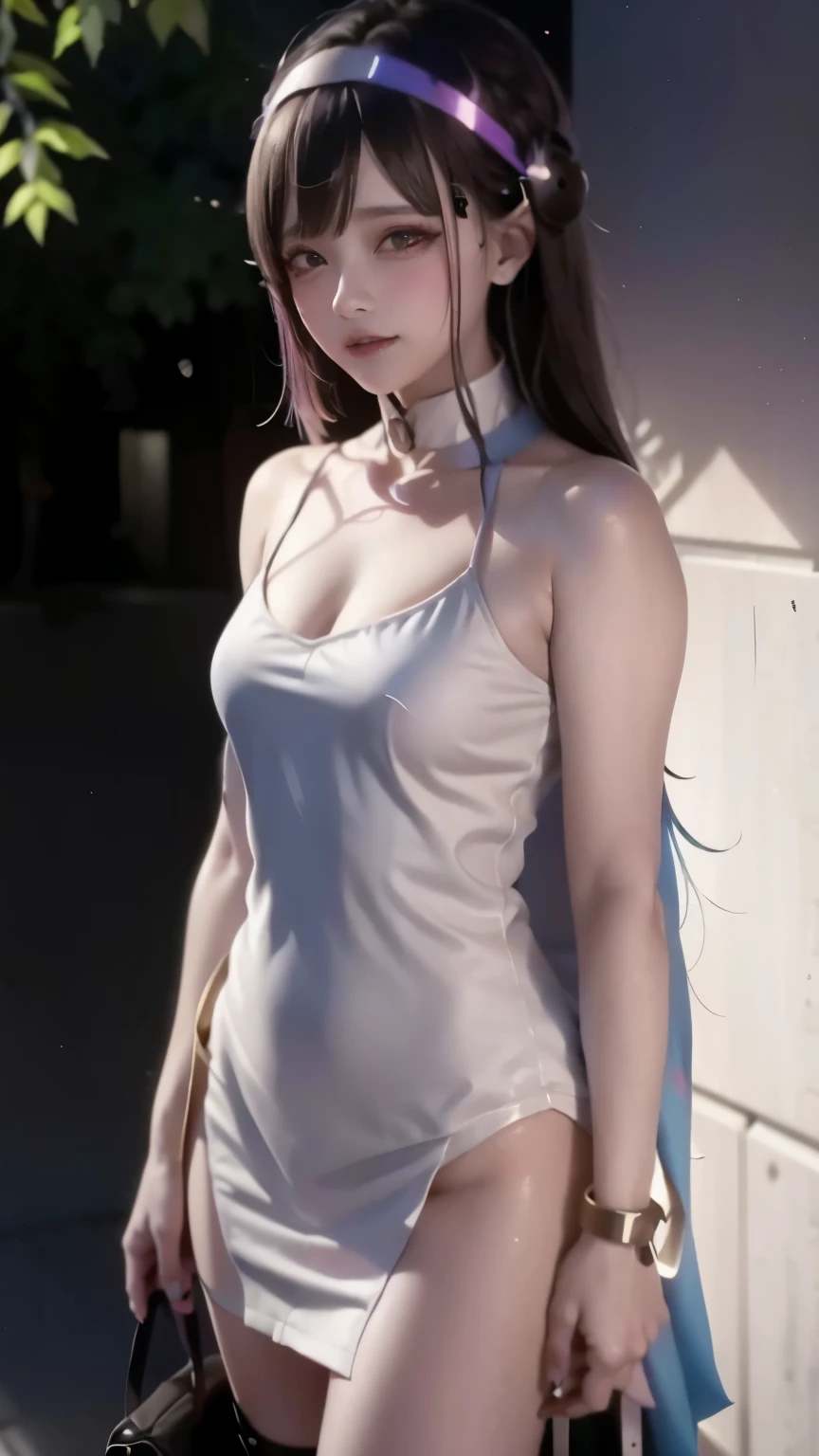 masterpiece, absurdres , (intricate details), (colorful),cinematic lighting,extremely detailed CG unity 8k wallpaper , Sarada Uchiha, 1girl, solo, white tight wedding dress , looking at viewer, outdoors, hotel bedroom , cloudy sky, wind, seductive pose, lifts her dress and shows her white thong(upskirt)