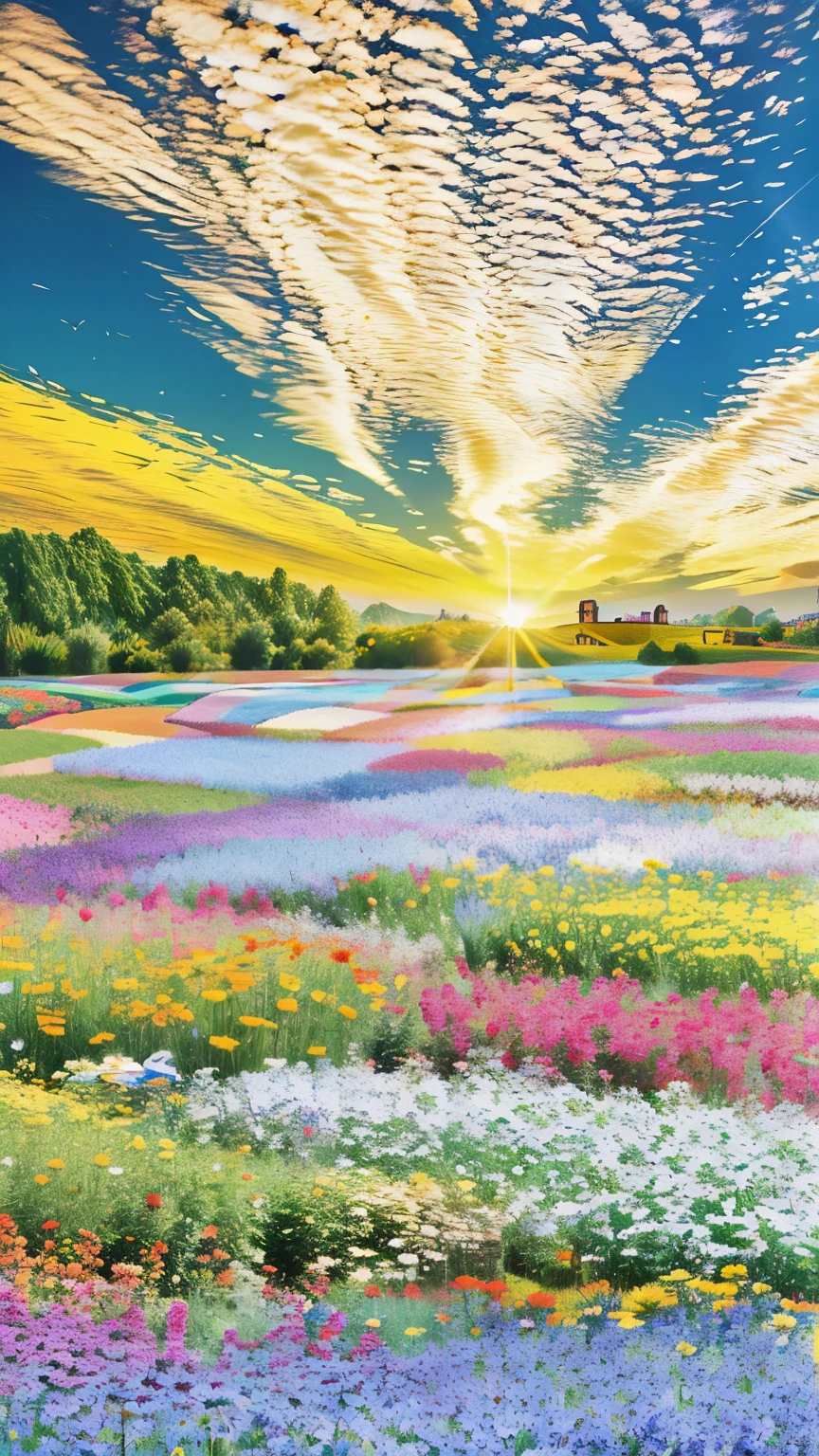 A colorful flower field, Summer morning in a colorful flower field, Shining Morning Sun, In the distance, a casually dressed couple is walking hand in hand., fantastic flower garden, A blissful heaven-like landscape, Ultra-high definition illustrations