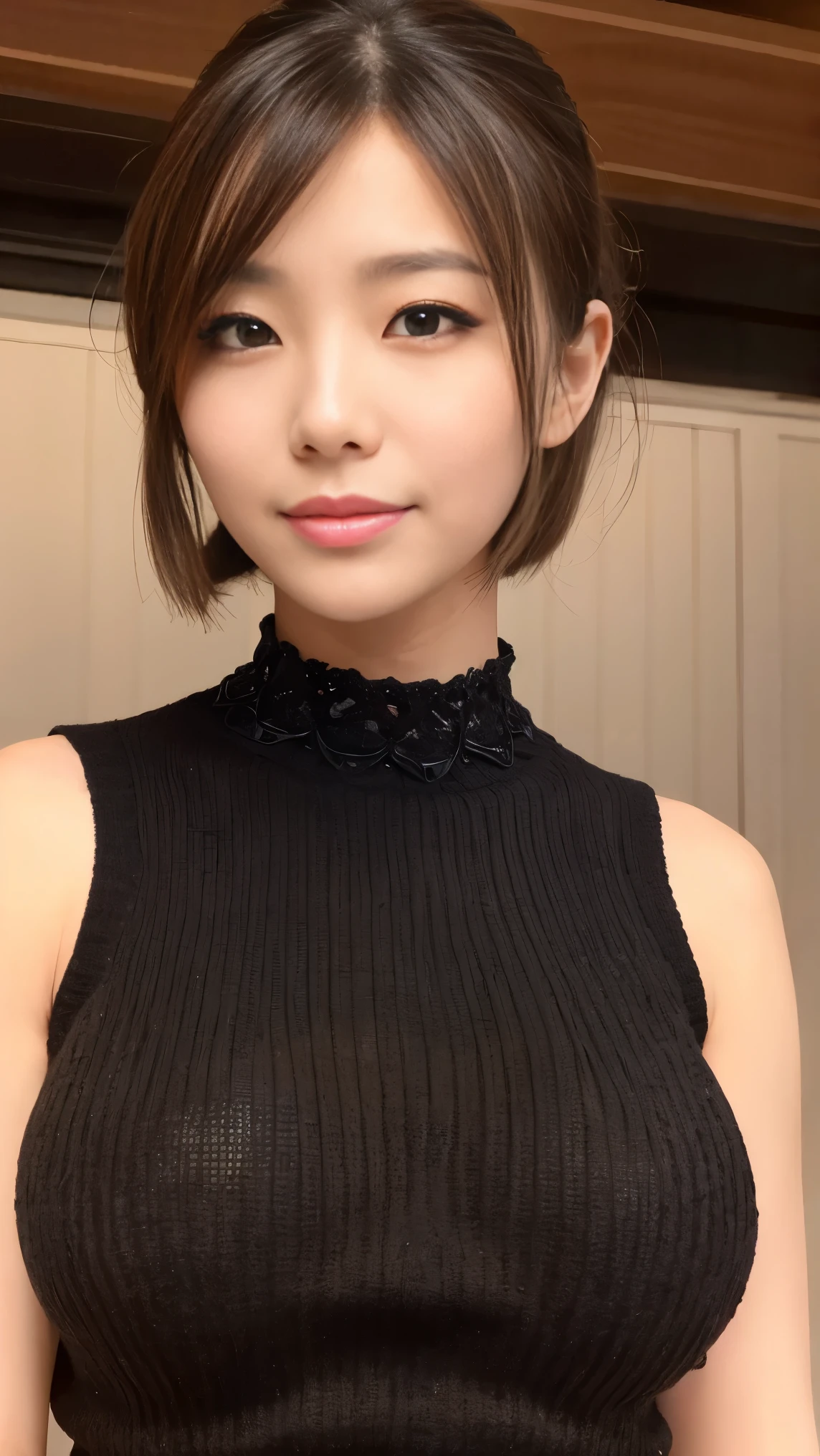 黒いsleeveless sweaterを着た日本女性、 (((masterpiece))), ((highest quality)), ((intricate details)), (((超realistic)), absurd solution, near and far law, very detailed, realistic, 1 girl, ((big breasts)), perfect hands, finger details, beautiful and detailed eyes, short hair, brown eyes,(sleeveless sweater:1.2), Black knitted dress, detailed background, choker, perfect eyes, enchanting eyes, look at the audience, from the front、laughter、mole around the mouth、