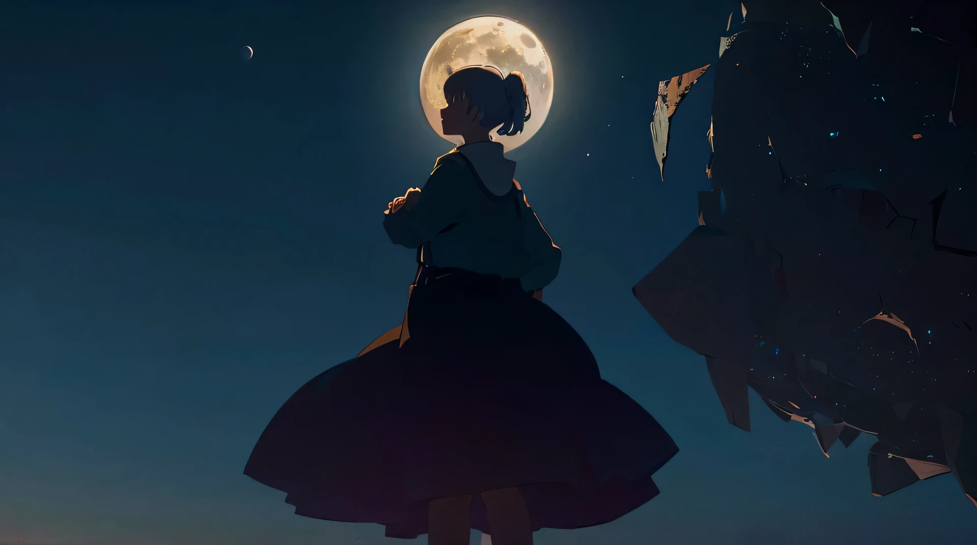 high quality,High definition,high quality,Woman looking up at the moon,anime,big moon in the distant sky,