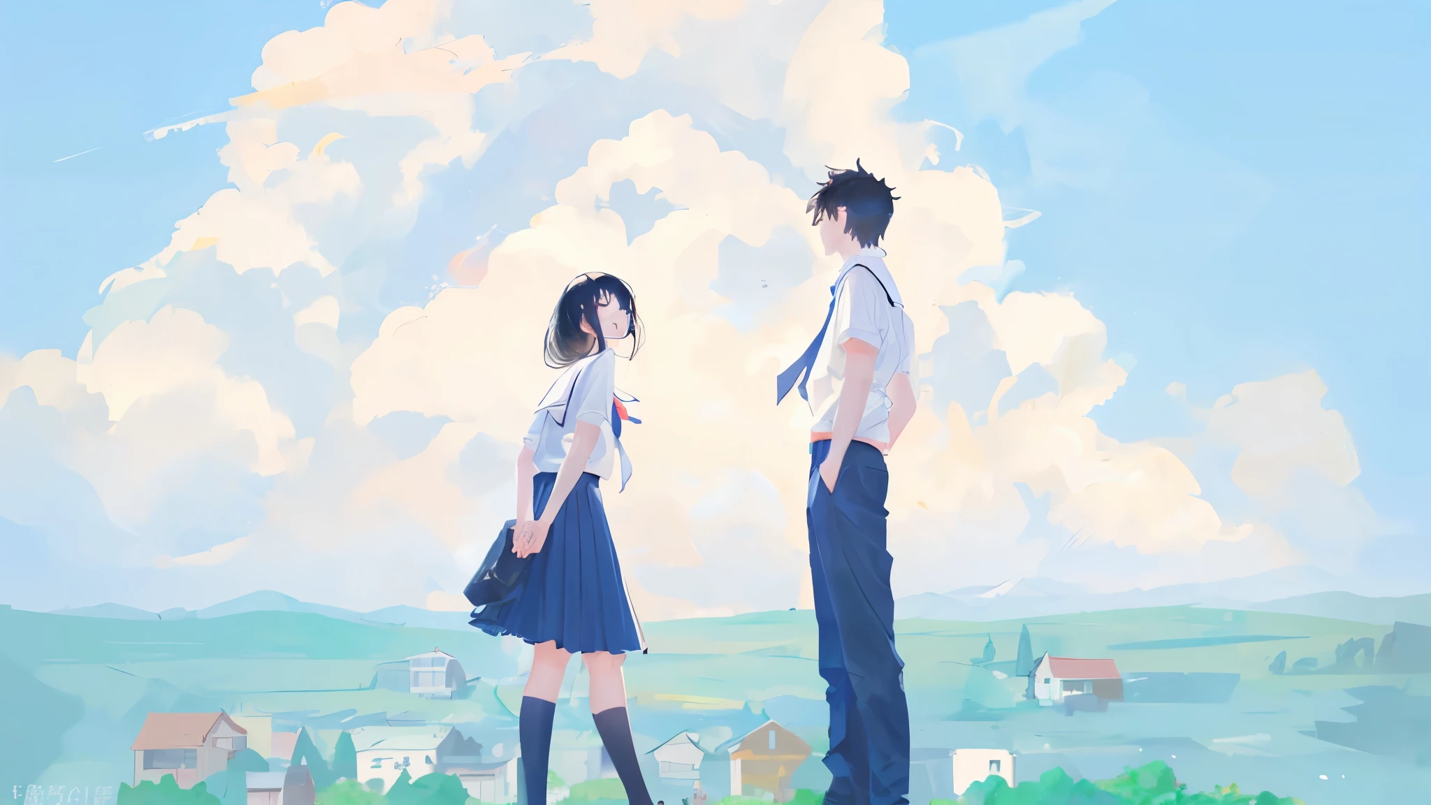 girl and boy student wearing , black hair, blue sky, ultra detailed, 8k, masterpiece