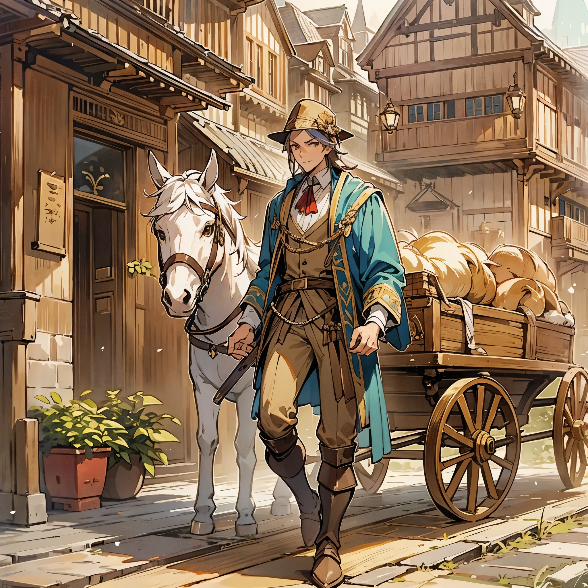 a man，European medieval merchants，Travel businessman，Wealthy businessman，Dressed in satin，Leading a brown horse，Pulling a small wooden cart，The wooden cart is loaded with goods。Medium shot composition，full body picture，characters and scenes，Game concept art style，Anime illustration style，watercolor style，Marker style，high-definition，4k。