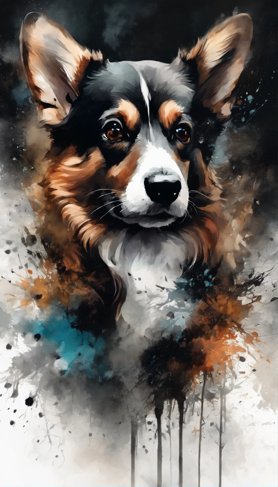 (((In dark fantasy ink splatter art:1.3))), Shabby Corgi, Mesmerizingly beautiful scenery appears, Chaotic black strokes ink splatter, Intricate details blend into the world of the ethereal forest, Otherworldly creatures, insanely beautifu, Gongbi, Every stroke exudes a charming feeling, extraordinary creation, Whether it is ink painting or oil painting, Master stunning details, pure brilliance, Creepy atmosphere ink splatter coating,