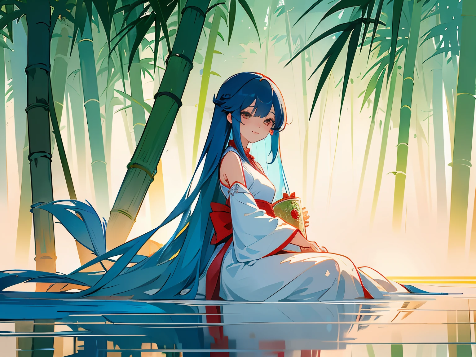 Anime-inspired masterpiece of a Chinese girl in hanfu, with long sky blue hair flowing delicately down her back. Her detailed, gentle smile illuminates her pretty, delicate eyes as she sits by the tranquil lake, surrounded by towering bamboo. The official art showcases the girl in high resolution 8k wallpaper, with her charming bare shoulders peeking out from under the traditional Chinese robes. In intricate ink illustrations, she's depicted in a calm and peaceful setting, capturing the pure essence of Chinese culture. While the scene may seem like a fun homage to Forrest Gump, the attention to detail is undeniable, making it a truly breathtaking