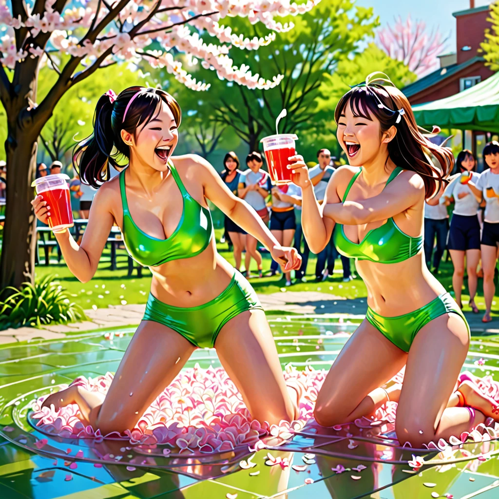 (best quality, highres),spring morning,Jello wrestling,2 extremely cute Asian women,bikinis,giggling,wrestling,playful,energetic,interactive,American crowd,cheering,laughing,surprised expressions,having fun,refreshing,green lime Jello,vibrant colors,transparent,vat of jello,shaking Jello,jiggly texture,wobbly,wrestling mat,bouncy,tables,crowd,coffee,excited chatter,lively atmosphere,relaxed,joyful,Sunday brunch,beautiful weather,outdoor setting,sunshine streaming,shadows,faint breeze,green grass,trees in bloom,flowering cherry blossoms,pink and white petals,pigeons fluttering,background noise of birds chirping,freshly brewed coffee aroma,filled with happiness and laughter,memorable moment,photorealistic,crisp details,vivid colors,pulsating energy,sunny disposition,embrace of spring.