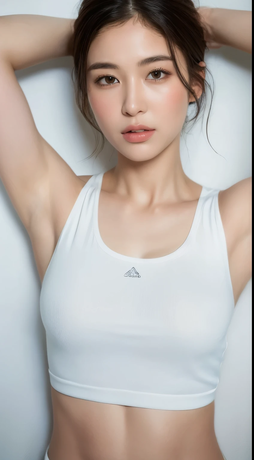 ((highest quality, 8K, masterpiece :1.3)), 1 girl, A cute woman who emphasizes her slender abdominal muscles :1.3, (random hairstyle :1.2), oversized tank top :1.2, super detailed face, fine eyes, double eyelid, armpit