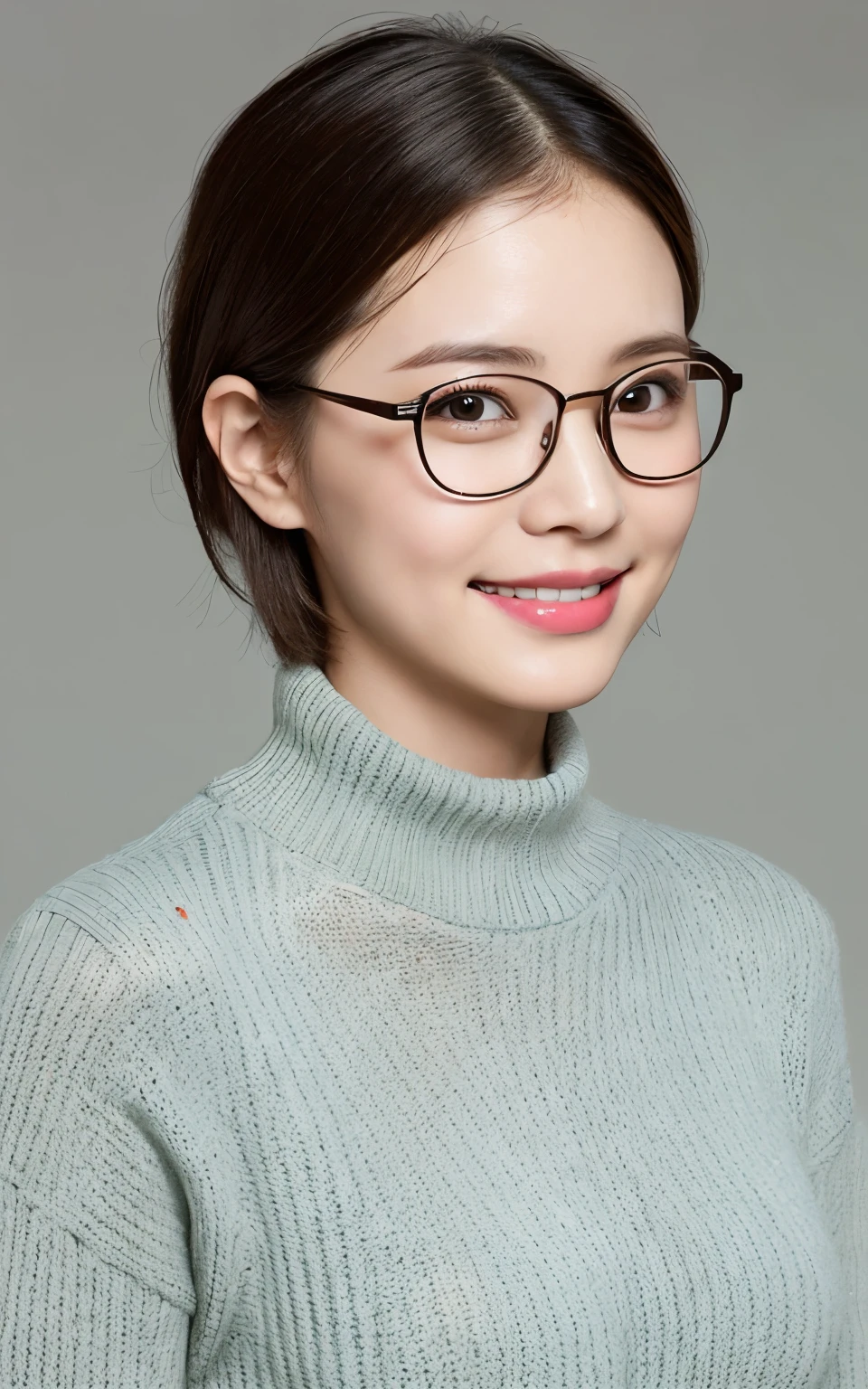 there is a 35 years old Chinese woman with glasses, wearing light color ,hollow out sweater , fair skin, short hair. realistic skin material, professional photo. sexy smile, half body, large breasts, front shot.