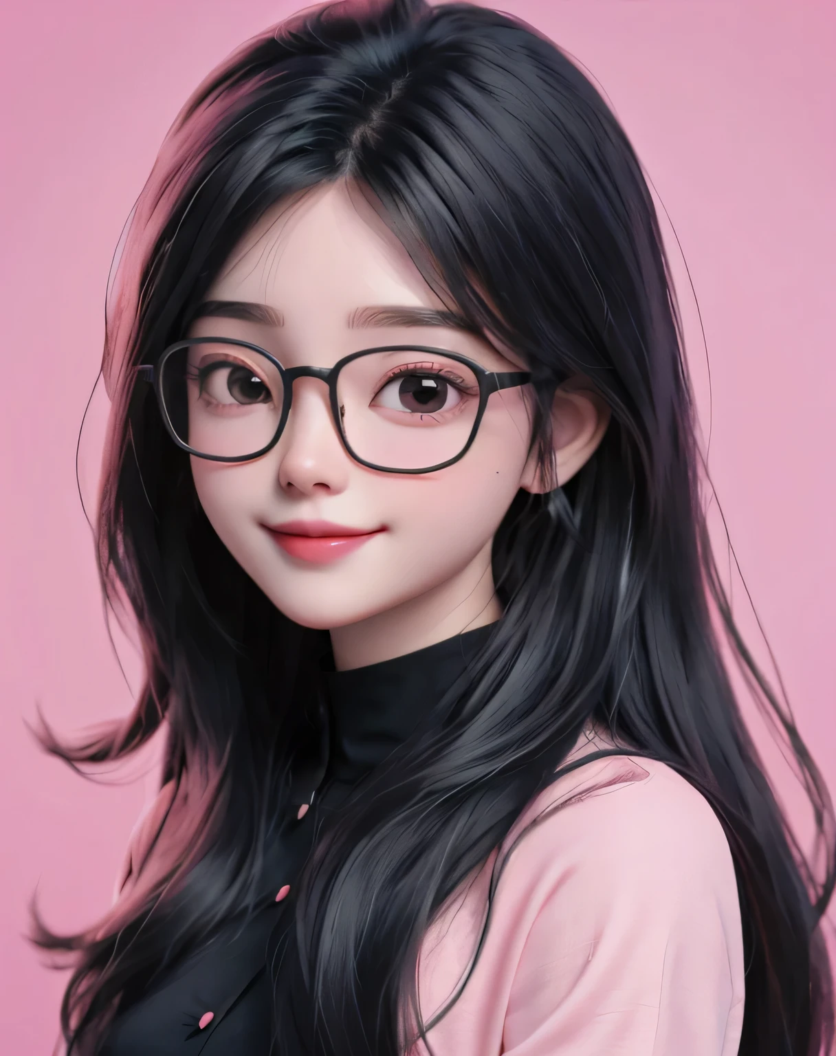best quality, 27's years old women, solo, cartoon portrait , simple background, black long hair fluttering hair, pink lips, black shirt, black glasses, smile on her face, closed his eyes