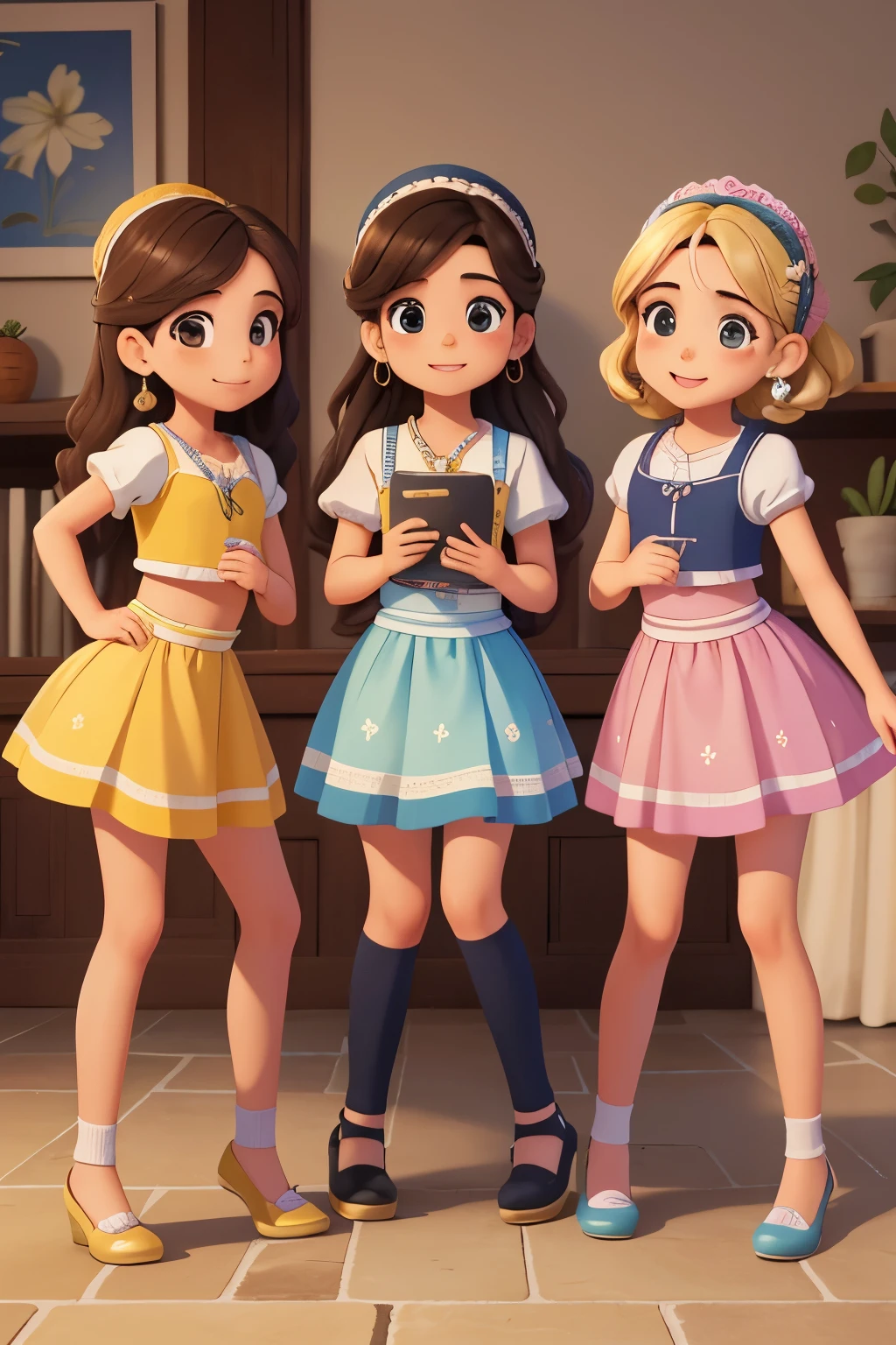 ((Hermoso, aesthetic, perfecto, delicado, intrincado: 1.2), (Detallado), (high resolution: 1.2), tres chicas, amigas sentadas de espaldas, estilo de dibujo animado, expresiones faciales amistosas, warm and welcoming atmosphere, colores pasteles predominantes, subtle movement for animation. Agacharse, Punto de vista,