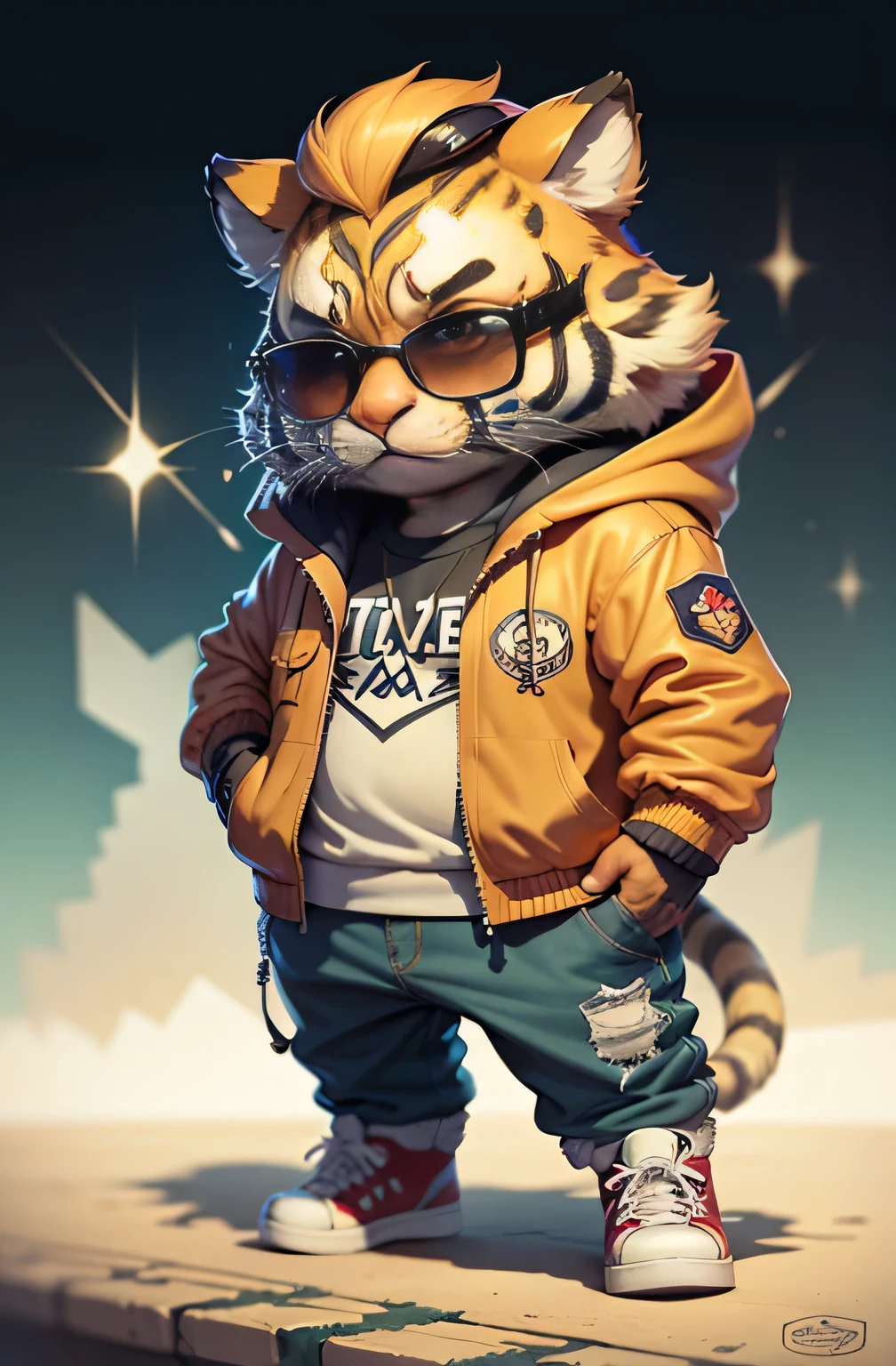 C4tt4stic, Cartoon tiger in jacket and skateboard, Sunglasses, cute, chuby, plumpy, dynamic background