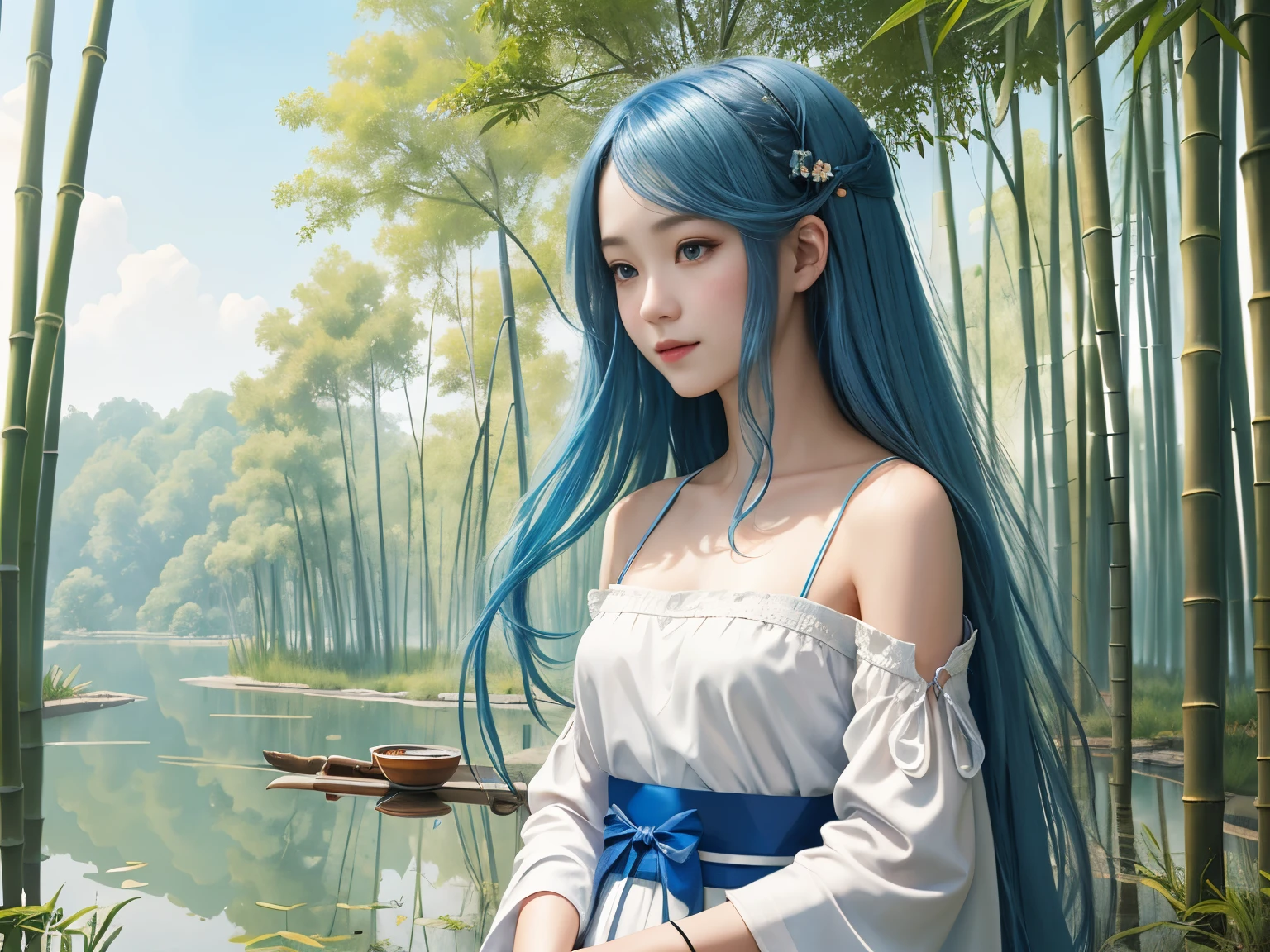 masterpiece, best quality, official art, 8k wallpaper, Very detailed, illustration, 1 girl, Chinese style, ink, sky blue hair, long hair, delicate eyes, Forrest Gump Fun, bare shoulders, hanfu, lake, pure, gentle smile, bamboo, Tea